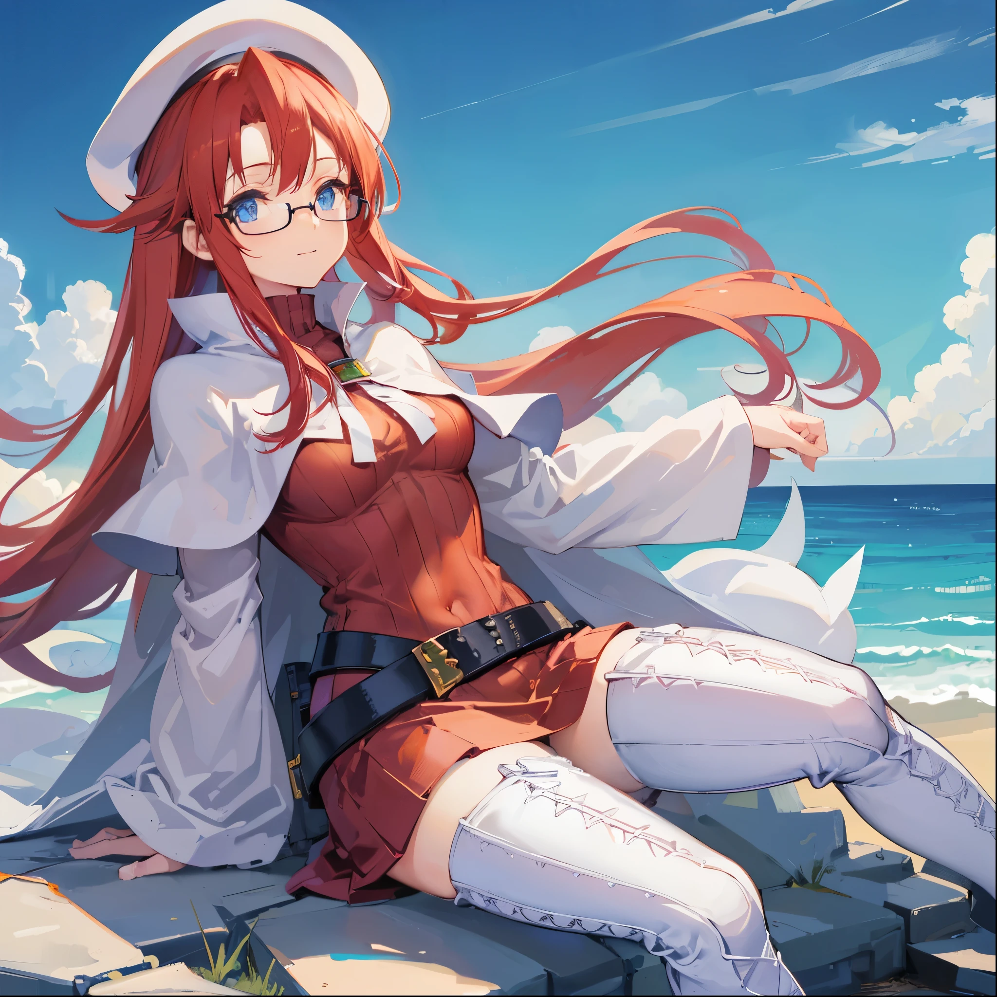 summonnightaty, aty, (young:1.3),long hair, blue eyes, red hair, big_berets, hat, glasses,
BREAK long hair, thighhighs, hat, dress, naked_legs, glasses, belt, cape, sweater, zettai ryouiki, beret, thigh boots, white footwear, ribbed sweater, loose belt,solo,
BREAK outdoors, fantasy,on_beach,
,Highquality_hads,perfect_fingers,
BREAK (masterpiece:1.2), best quality, high resolution, unity 8k wallpaper, (illustration:0.8), (beautiful detailed eyes:1.6), extremely detailed face, perfect lighting, extremely detailed CG, (perfect hands, perfect anatomy),covered_nipples,covered_navel ,half_eyes,long_sword,sleepy,standing,red_sweater,apart_knees,magical_effect,spread_legs, have_a_book,teacher,rise_knee,Smile,rise_hand,look_down_viewer,spread_arms,sea_waves,looking_into,blue_sky,sitting