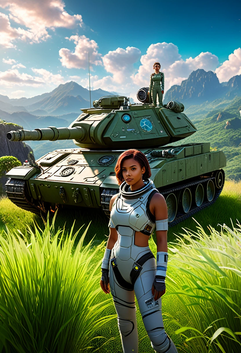 award winning (full body:0.8) (portrait photo:1.3) of a young female (sci-fi astronaut:1.3) with a (army tank:1.4), (Stargate:1.4), looking out over a verdant alien planet, (mountains:1.2) (tall grass:1.4), rocks, fluffy clouds in the sky, trending on artstation, highly detailed, fine detail, intricate, (lens flare:0.6), (backlighting:0.8), (bloom:0.8), shallow depth of field