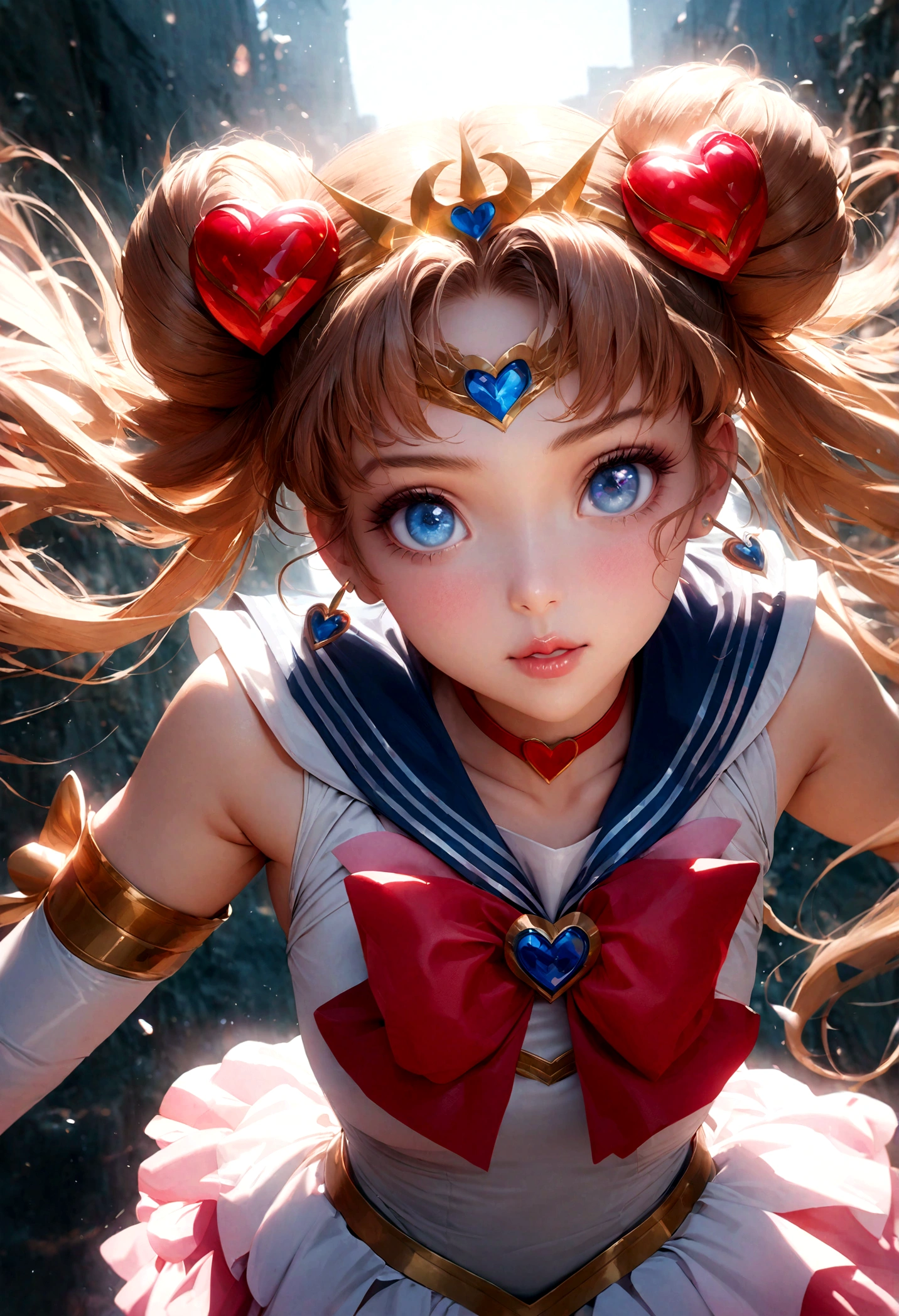 1girl, sailor moon, bishoujo senshi sailor moon, elegant detailed eyes, detailed facial features, long eyelashes, beautiful detailed lips, elegant detailed pose, highly detailed, masterpiece, 4k, hyper realistic, photorealistic, cinematic lighting, dynamic composition, intricate details, vibrant colors, soft dreamy atmosphere, magical girl fantasy, upper body shot, aausagi, long hair, double bun, twintails, hair ornament, parted bangs, tiara, earrings, blue eyes, heart choker, blue sailor collar, red bow, white shirt, see-through, elbow gloves, white gloves, multicolored skirt, white skirt
