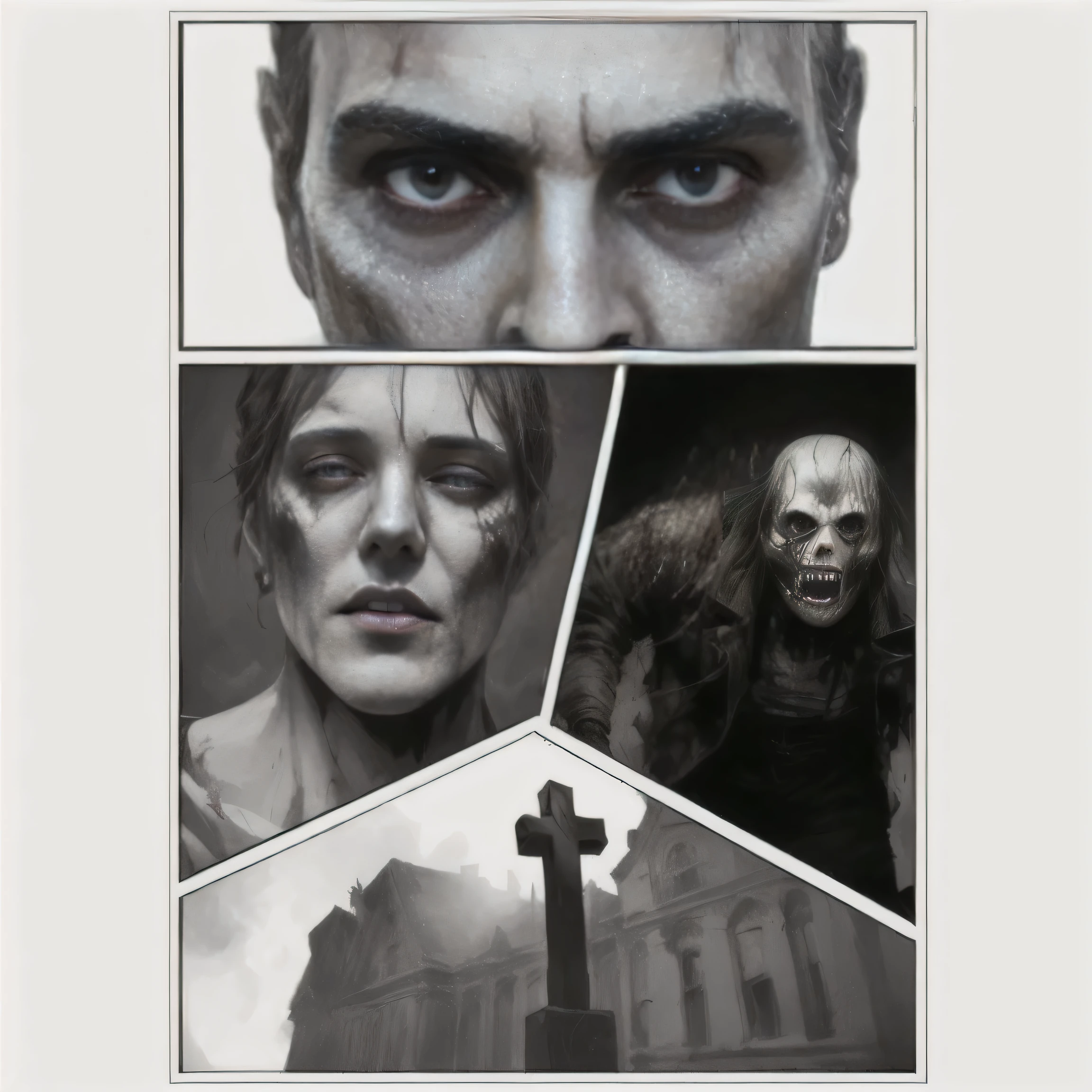 a close up of a person with a cross and a building, horror!! highly detailed, lee bermejo, undead. highly detailed, eerie highly detailed, high detail comic book art, comic artwork, horror illustration, zombie in horror concept art, scary detailed art in color, detailed and creepy, horror concept art, mark brooks detailed, inpired on Creative Fabrica comics.