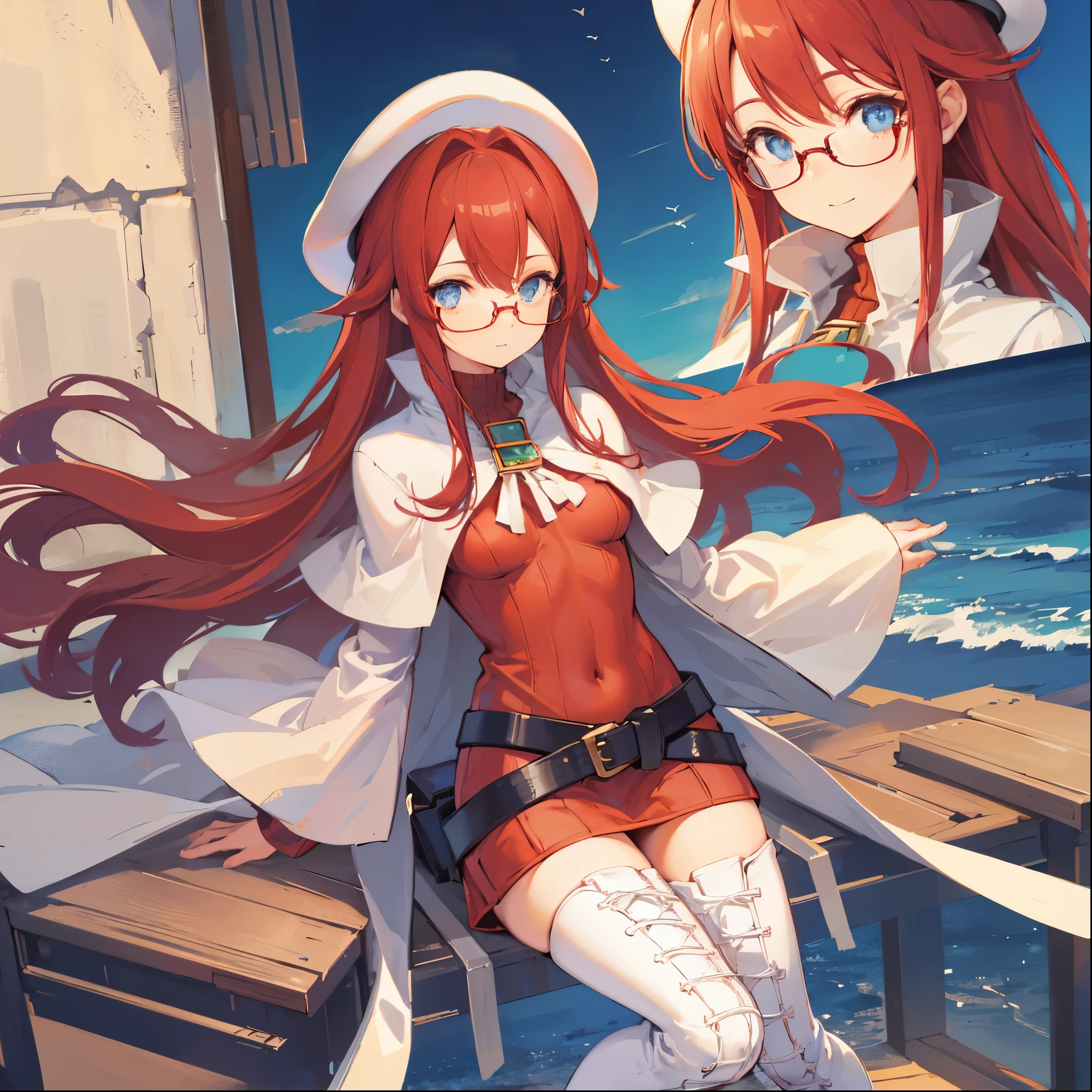 summonnightaty, aty, (young:1.3),long hair, blue eyes, red hair, big_berets, hat, glasses,
BREAK long hair, thighhighs, hat, dress, naked_legs, glasses, belt, cape, sweater, zettai ryouiki, beret, thigh boots, white footwear, ribbed sweater, loose belt,solo,
BREAK outdoors, fantasy,on_beach,
,Highquality_hads,perfect_fingers,
BREAK (masterpiece:1.2), best quality, high resolution, unity 8k wallpaper, (illustration:0.8), (beautiful detailed eyes:1.6), extremely detailed face, perfect lighting, extremely detailed CG, (perfect hands, perfect anatomy),covered_nipples,covered_navel ,half_eyes,long_sword,sleepy,standing,red_sweater,apart_knees,magical_effect,spread_legs, have_a_book,teacher,rise_knee,Smile,rise_hand,look_down_viewer,spread_arms,sea_waves,looking_into,blue_sky,sitting