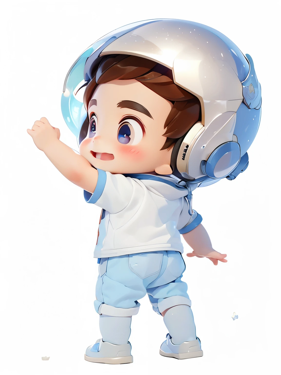 一个小男孩穿着Space服,头上戴着Space帽,Wave,Brown hair,Bright Eyes,happy露牙齿,The boy turned and looked behind him,小男孩的back,身上穿着Space服,astronaut,Space帽细节,astronaut服装,Space帽面罩,Space帽,Space装扮,Raise your hands,Clench your fists,身体back,back,三视图back,Face detailing,Side pose,happy,Space,8K,Super Detail,Clothing details,White background