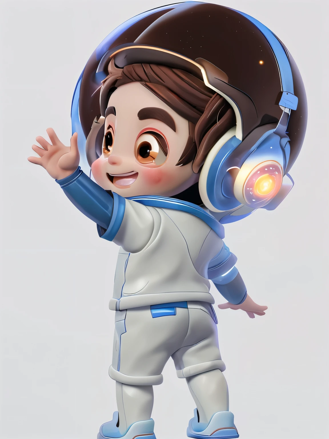 一个小男孩穿着Space服，头上戴着Space帽，Wave，Brown hair，Bright Eyes，happy露牙齿，The little boy turned and looked behind him，小男孩的back，身上穿着Space服，astronaut，Space帽细节，astronaut服装，Space帽面罩，Space帽，Space装扮，Raise your hands，Clench your fists，身体back，back，三视图back，Face detailing，Side pose，happy，Space，8K，Super Detail，Clothing details，White background
