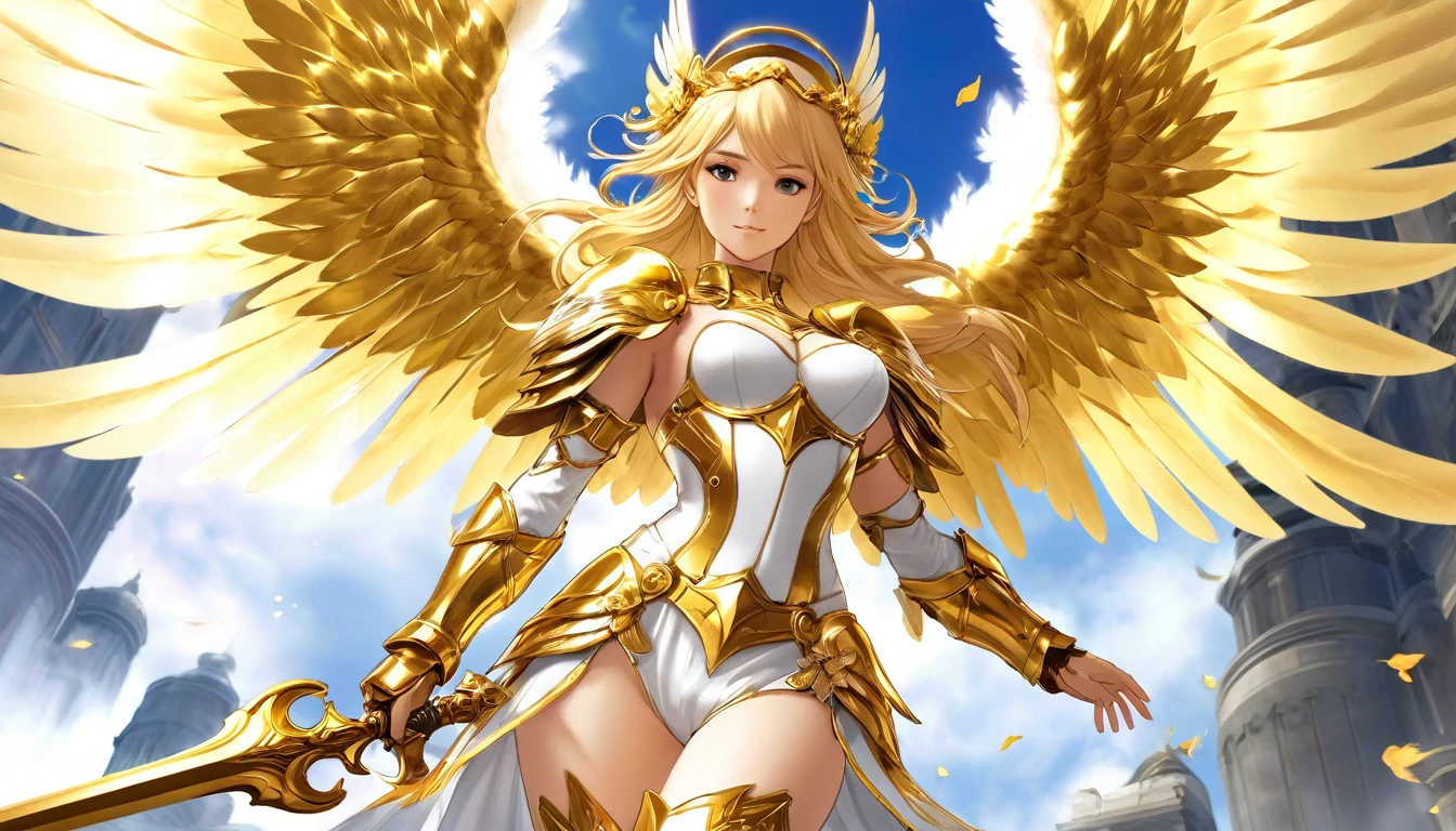 best quality)), ((masterpiece)), (detailed), Top quality、Top image quality、masterpiece,Perfect body, Exquisite and detailed facial features,,Full body shot,A woman in a white and gold costume with wings,Bikini, Angel Gold Armor, majestic angel, angel knight girl, Final Fantasy Tactics Characters, mystical atlantean valkyrie, Mysterious Valkyrie, Blazing Angel, Maple Leaf Story Character Art, With blazing golden wings, White Wings, April renderings, Mysterious Valkyrie, Close-up of a woman wearing a golden costume with wings, Best Bust、Optimal waist-hip ratio,Best body golden ratio,Concept Art, Baroque, Angel Gold Armor, majestic angel, angel knight girl, Final Fantasy Tactics Characters, mystical atlantean valkyrie, Mysterious Valkyrie, Blazing Angel, Maple Leaf Story Character Art, With blazing golden wings, Golden Wings, Battle with orcs,Photographic lenses,Ultra wide-angle lens,First person,