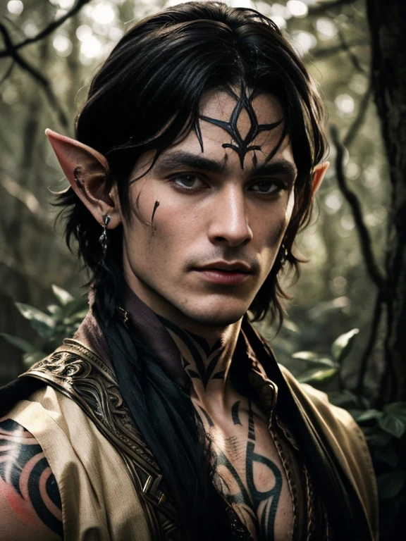 "((highly detailed, detailed eyes, detailed face, clear and realistic facial features, photorealistic, realistic light; cinematic)), (close up) mysterious male Tuatha de Danann, ethereal-looking, wearing fine elven clothing for the hunt, black hair, intense eyes, hunting you, heavy black tattoos, heavily tattooed, naked, facial scarification, blood, vicious, bloody, brutal, scary, dangerous, masculine, elven ears, seductive, smirking, looking at camera"