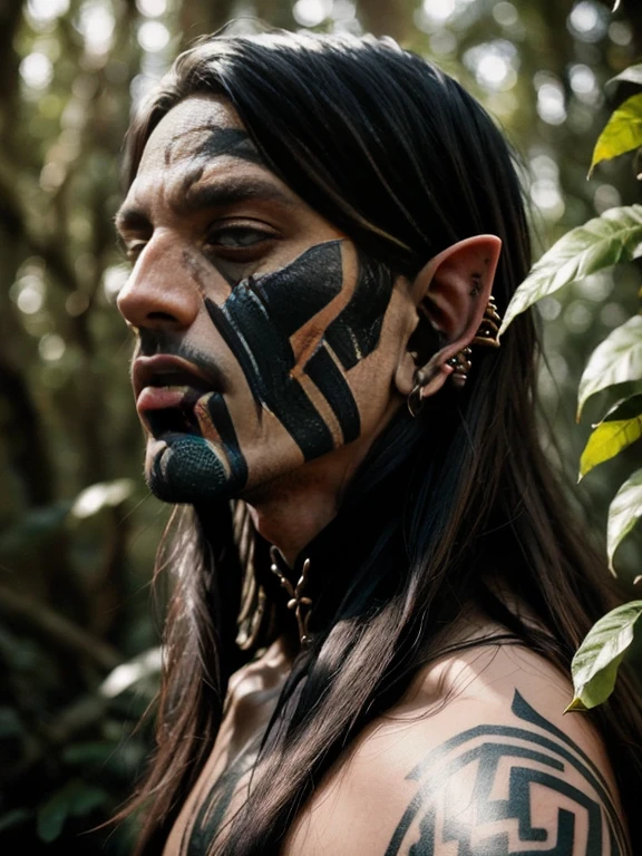 "((highly detailed, detailed eyes, detailed face, clear and realistic facial features, photorealistic, realistic light; cinematic)), (close up) mysterious male Tuatha de Danann, ethereal-looking, wearing fine elven clothing for the hunt, black hair, intense eyes, hunting you, heavy black tattoos, heavily tattooed, naked, facial scarification, blood, vicious, bloody, brutal, scary, dangerous, masculine, elven ears, seductive, smirking, looking at camera"