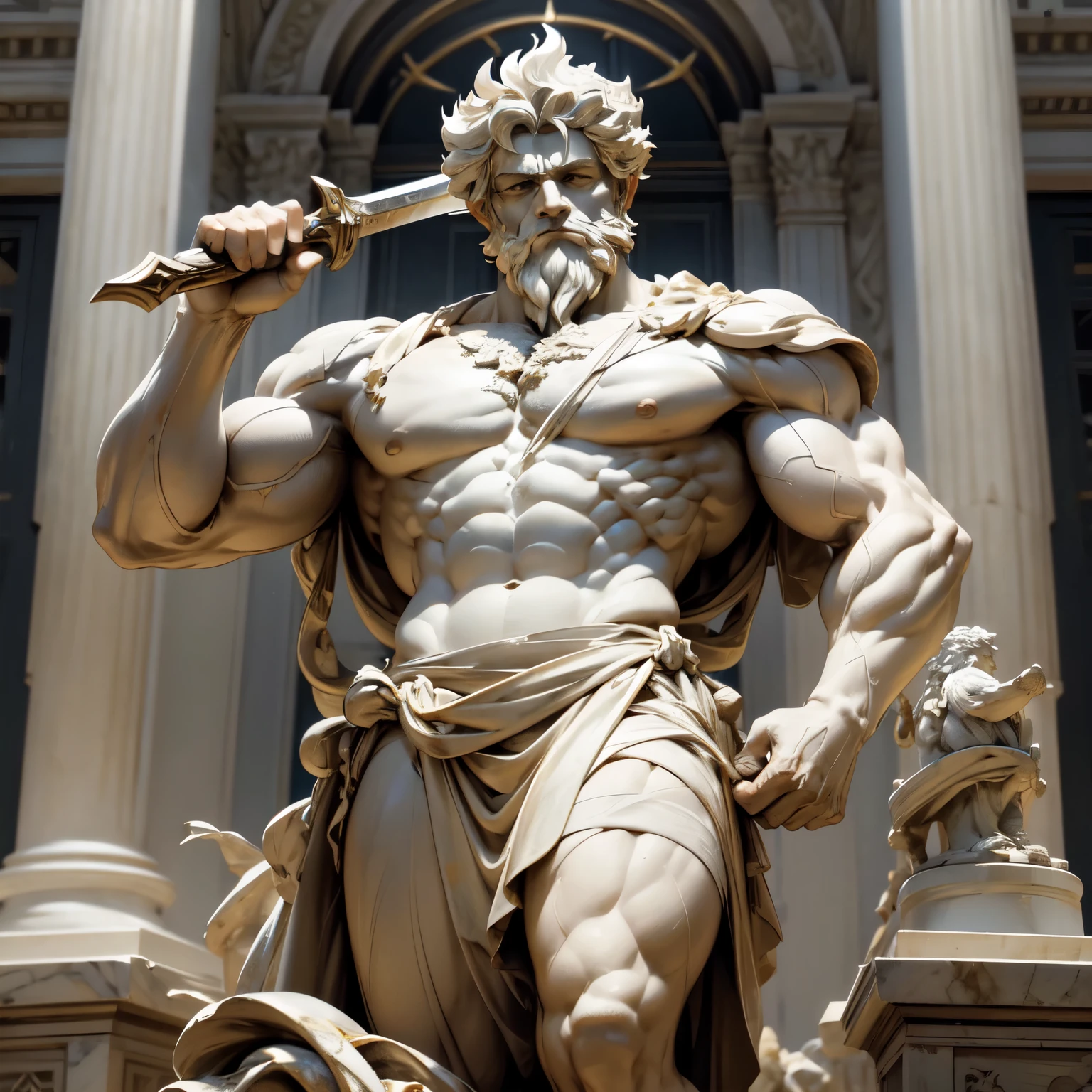 Create an 8K ultra HD digital image of a majestic marble sculpture of Hephaestus. The sculpture shows Hephaestus with a concentrated and powerful expression, of sculpted hair in a short, practical style. He wears a marble apron with tools and wields the Sword of Zeus. Zeus' sword is made of celestial gold and emits golden rays, with divine inscriptions along the blade that shine brightly. The hilt of the sword is adorned with small rays and lightning., simbolizando seu poder supremo. Electric sparks dance around the sculpture, highlighting his dominance over the heavens. The weapons hall is impressive, with rows of armor and weapons arranged on display. Escudos, swords and spears from various eras are arranged along the walls. Tapestries depicting glorious battles adorn the space, and oil lamps illuminate the scene with a soft light. The image must capture the grandeur and tradition of the weapons hall, destacando a escultura de Hefesto e a Espada de Zeus.