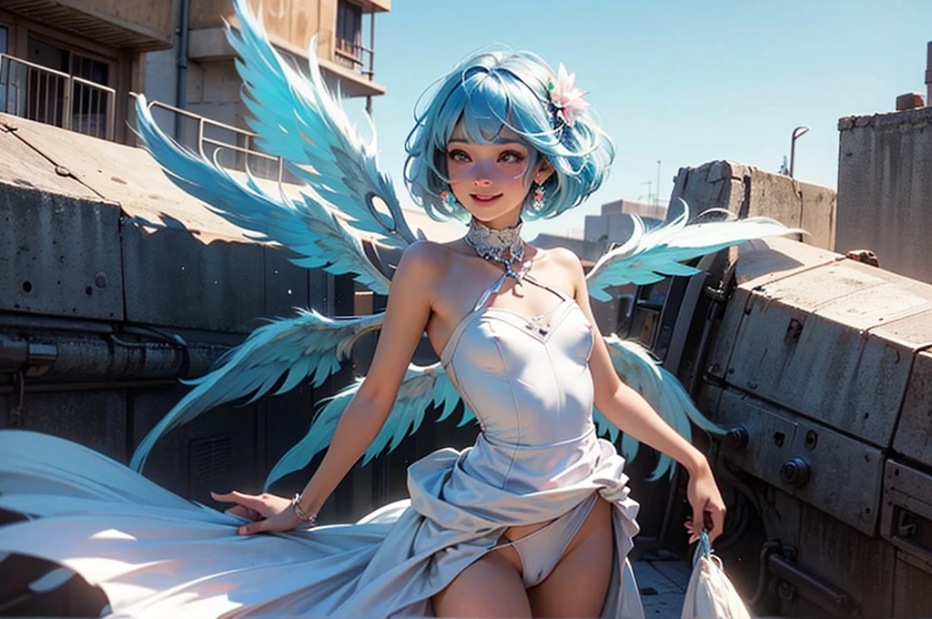 White dress, rooftop, 1girl, nose blush, 1 Screen View, low angle, 8K, highest quality, Beautiful expression, standing, Shiny natural skin texture, cheerful, Cute face, grin, fluffy bob cut, hair ribbon, (Wings are growing:1.5), (nsfw:1.1), (masterpiece:1.2), (see through:1.1), (puffynipple:1.1), (Light-pigmented nipple:1.3), (small breasts:1.1), (sky blue hair:1.4), (flower hair ornament:0.8), (No underwear:1.2)