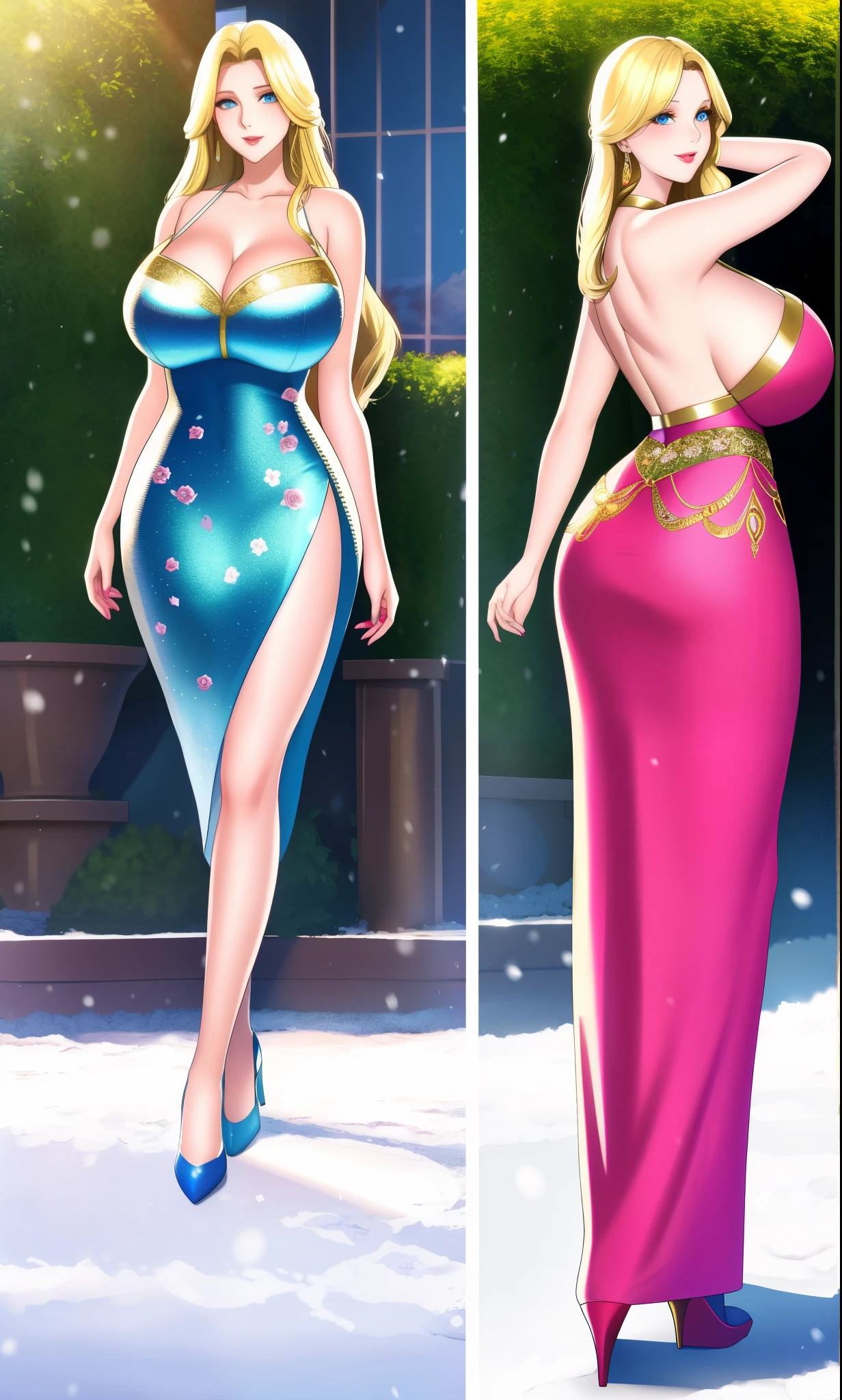 An extremely beautiful busty woman, with gold blonde long silky hair, blue oceanic eyes, extremely super bright snow white fair stunning flawless glowing lush shiny white skin, and complexion, a perfect tight hourglass figure, a thick plump ass, cleavage, and perfect hips, wearing a sky-blue floral frock, yellow heels, a cute adorable smile, pink puffy lips, pink nails, red rose on hair, standing straight, hands joined together, looking at the viewer, big garden in the background, day time, show full body from head to feet.