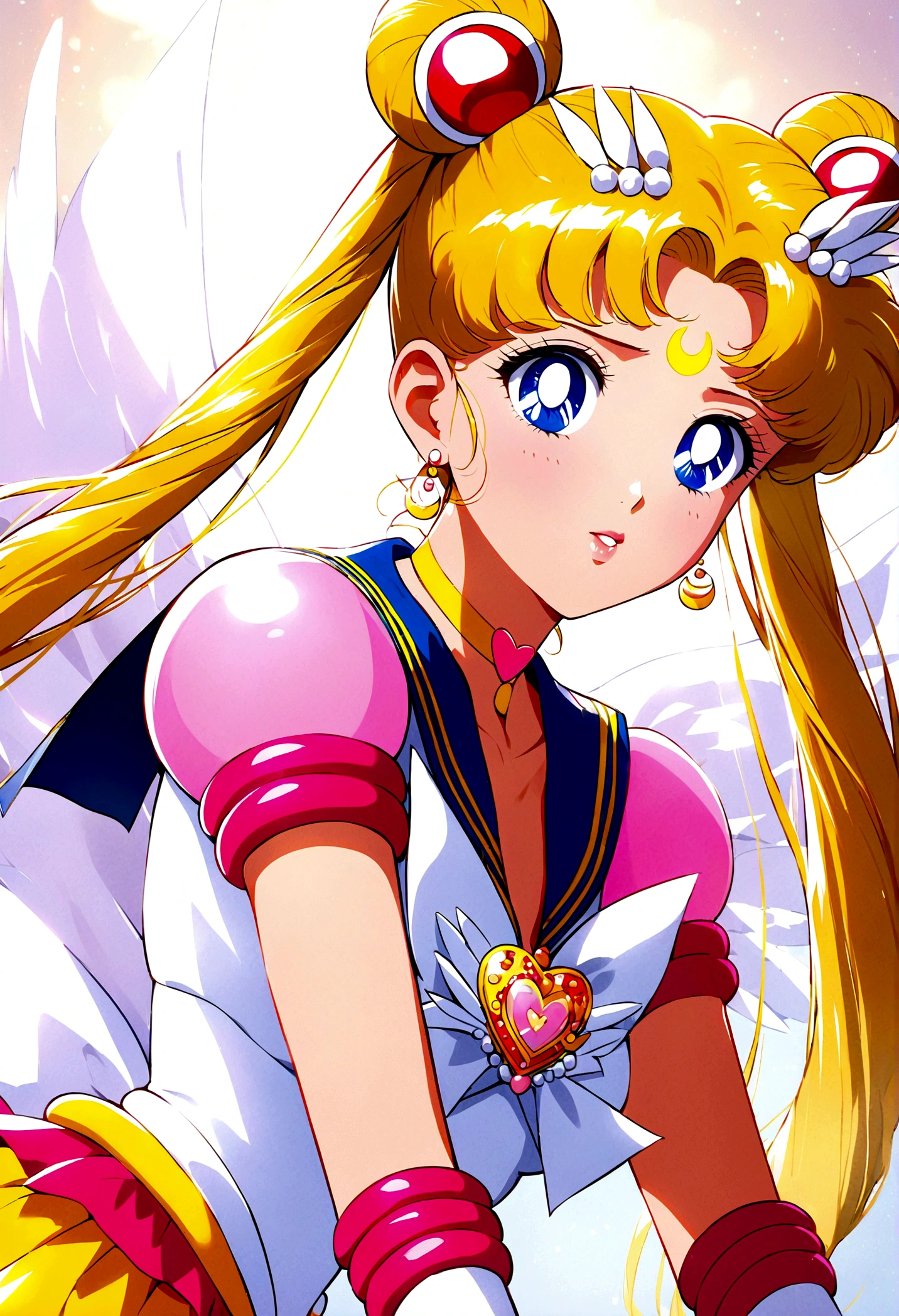 1girl, sailor moon, bishoujo senshi sailor moon, elegant detailed eyes, detailed facial features, long eyelashes, beautiful detailed lips, elegant detailed pose, highly detailed, masterpiece, 4k, hyper realistic, photorealistic, cinematic lighting, dynamic composition, intricate details, vibrant colors, soft dreamy atmosphere, magical girl fantasy, upper body shot, aausagi, long hair, double bun, twintails, hair ornament, parted bangs, forehead mark, earrings, blue eyes, wings, heart choker, blue sailor collar, heart brooch, white shirt, puffy short sleeves, elbow gloves, white gloves, yellow skirt, layered skirt
