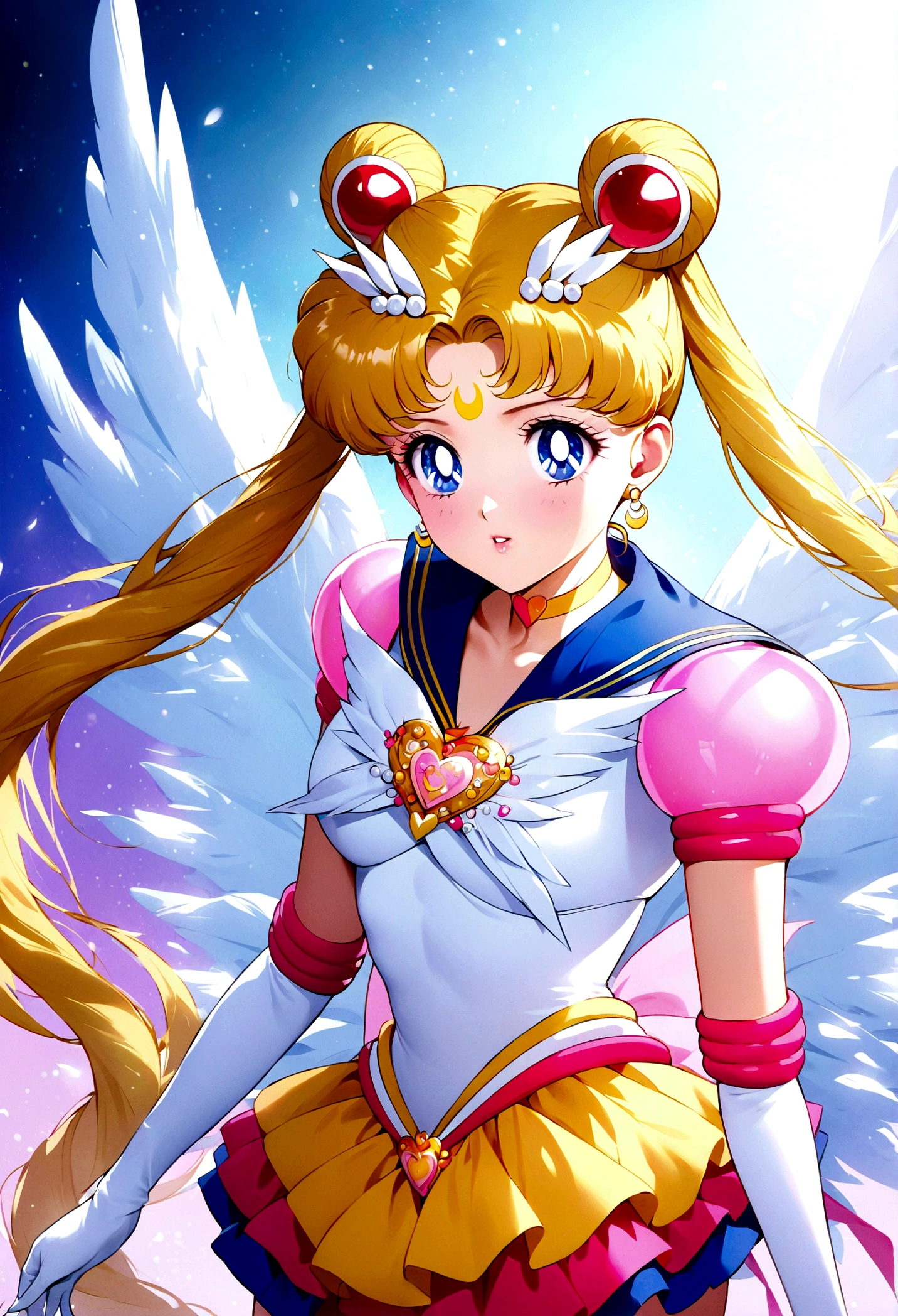 1girl, sailor moon, bishoujo senshi sailor moon, elegant detailed eyes, detailed facial features, long eyelashes, beautiful detailed lips, elegant detailed pose, highly detailed, masterpiece, 4k, hyper realistic, photorealistic, cinematic lighting, dynamic composition, intricate details, vibrant colors, soft dreamy atmosphere, magical girl fantasy, upper body shot, aausagi, long hair, double bun, twintails, hair ornament, parted bangs, forehead mark, earrings, blue eyes, wings, heart choker, blue sailor collar, heart brooch, white shirt, puffy short sleeves, elbow gloves, white gloves, yellow skirt, layered skirt