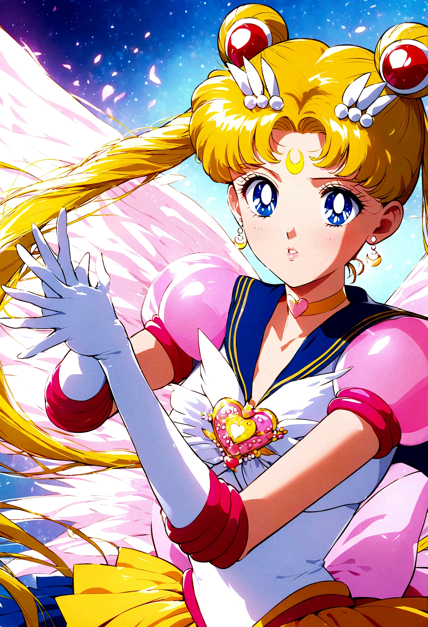 1girl, sailor moon, bishoujo senshi sailor moon, elegant detailed eyes, detailed facial features, long eyelashes, beautiful detailed lips, elegant detailed pose, highly detailed, masterpiece, 4k, hyper realistic, photorealistic, cinematic lighting, dynamic composition, intricate details, vibrant colors, soft dreamy atmosphere, magical girl fantasy, upper body shot, aausagi, long hair, double bun, twintails, hair ornament, parted bangs, forehead mark, earrings, blue eyes, wings, heart choker, blue sailor collar, heart brooch, white shirt, puffy short sleeves, elbow gloves, white gloves, yellow skirt, layered skirt