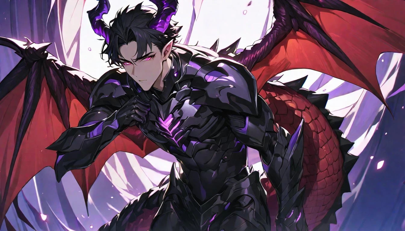 Best quality, One, beautiful, 1 man, adult man, with a sporty body, V-shaped body, black detailed armor with glowing purple details, black demonic horns, with large and long dragon wings, short hair, black hair, purple with red tones reptile eyes, purple threads, black light