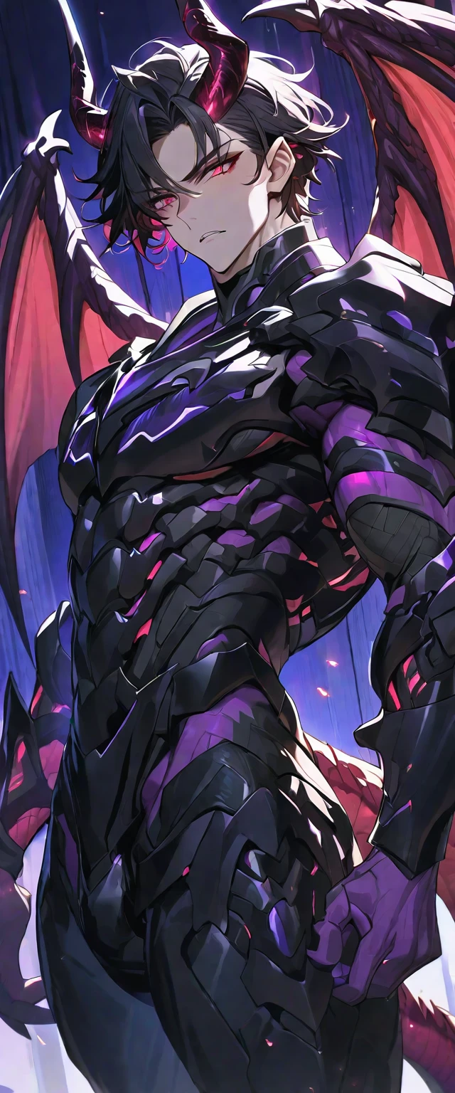 Best quality, One, beautiful, 1 man, adult man, with a sporty body, V-shaped body, black detailed armor with glowing purple details, black demonic horns, with large and long dragon wings, short hair, black hair, purple with red tones reptile eyes, purple threads, black light