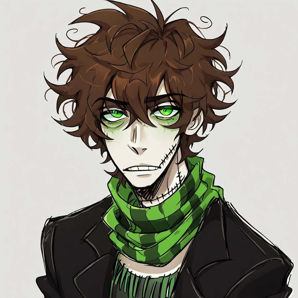 1man,mature male,  stitches, scarf,  coat, halfbody, grunge, sketchy lines, messy hair, green eyes, evil, brown hair