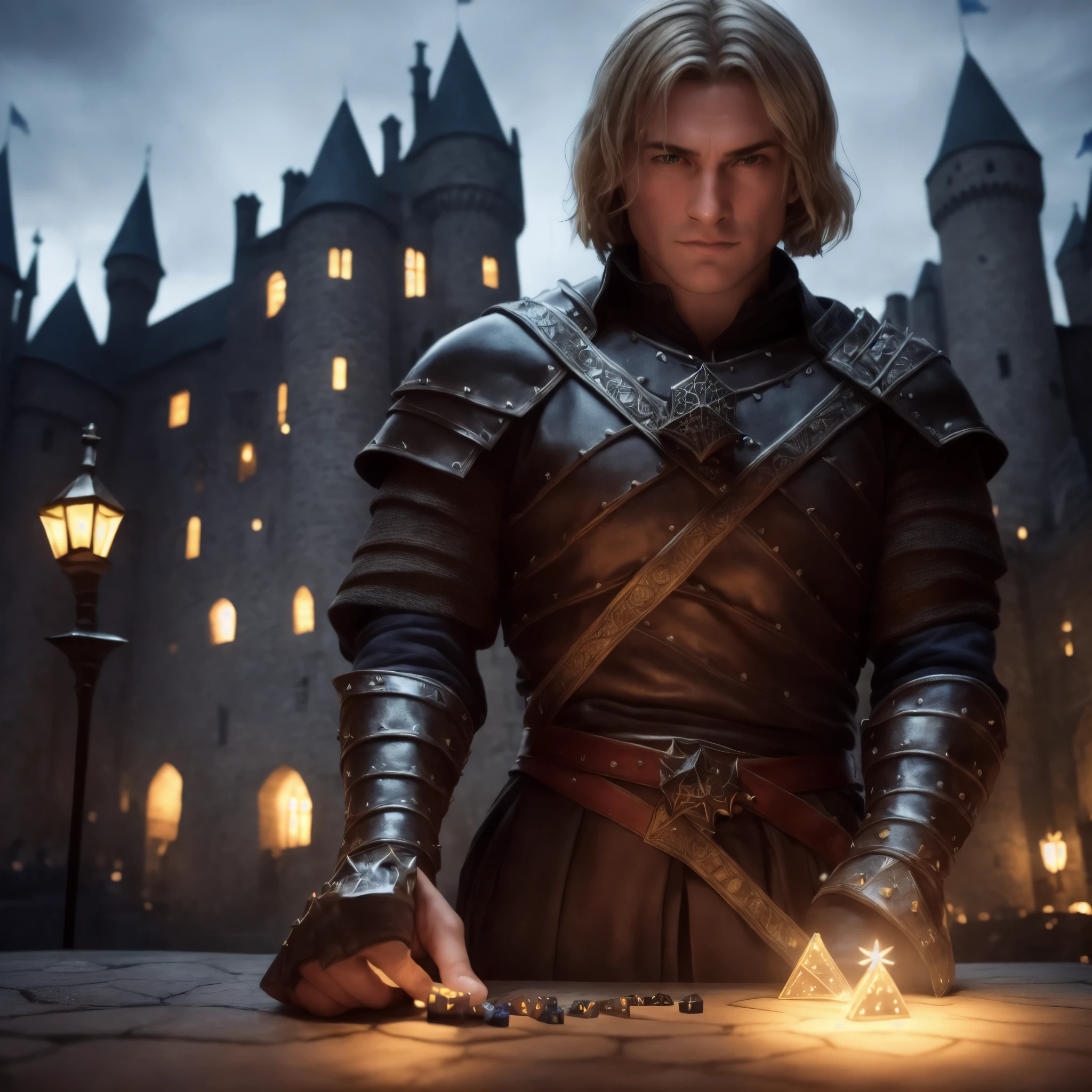 man,armor, medieval, fantasy, outdoors, outside, dark, night, Lynch Castle, camp, stars, sitting,epic, depth of field, perfect lighting, (light particles),(best quality),(masterpiece),(ultra detailed),sharp focus,light particles,ash blond,he holds dice in one hand, stretches forward (hand in close-up with dice D20), in the other hand a sword, in the background you can see the Lynch castle, in the foreground an outstretched hand with dice.