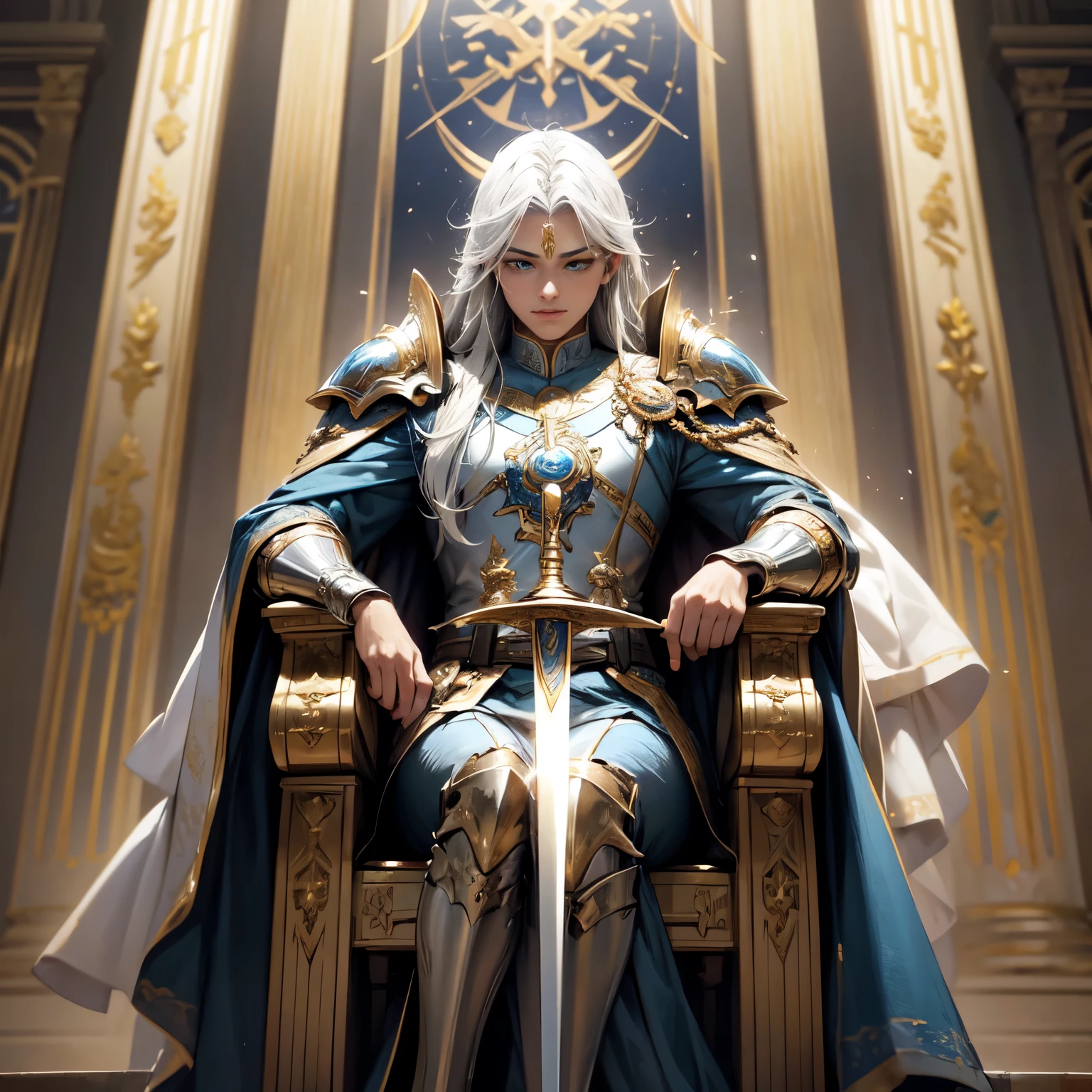 Crie uma imagem digital ultra HD de 8K de um nobre cavaleiro sagrado do rei. Ele tem cabelos castanhos escuros, curtos e bem cuidados, e olhos azuis profundos. His armor is shining silver, adorned with gold details and royal insignia. Uma capa azul real com bordados dourados desce de seus ombros. In the throne hall, o cavaleiro empunha a Espada de Zeus. The sword is made of celestial gold and emits golden rays, with divine inscriptions along the blade that shine brightly. The hilt of the sword is adorned with small rays and lightning., simbolizando seu poder supremo. Ele segura a espada com firmeza, pronto para proteger o rei e o reino, while electric sparks dance around you. The Sword of Zeus is known for its ability to control thunder and lightning, e uma aura de poder divino emana dela. The throne hall is grand, com um trono majestoso de ouro e marfim, decorado com pedras preciosas. Rich tapestries and royal flags adorn the walls. Lustres de cristal pendem do teto alto, casting a soft light upon the knight and the throne. The image should capture the grandeur and solemnity of the throne hall, highlighting the knight's interaction with the Sword of Zeus.