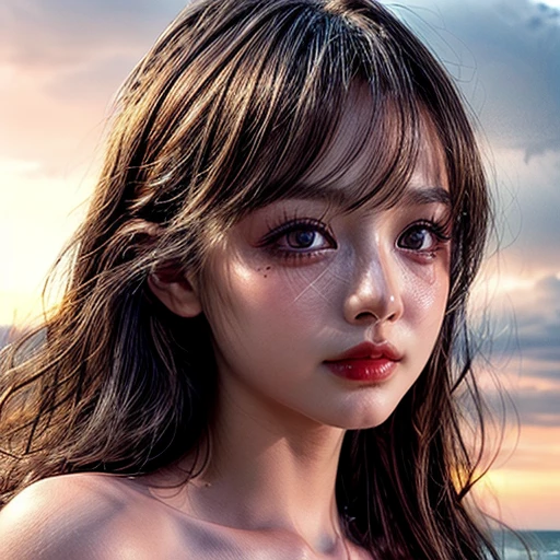 (Acutance:0.85), (Masterpiece Ultra-detailed RAW photorealistic:1.37), Tiny girl wearing tube-top dress、Tropical Beach、evening、Stroll along the beach、(Gazing at the sunset, colorful sky)、(Orange rays illuminating face, close-up:1.4), Gust of wind . (((Extremely detailed NOGIZAKA face))), perfect anatomy, Childish, captivating gaze, elaborate detailed Eyes with (sparkling highlights:1.3), long eyelashes、Glossy RED Lips with beautiful details, Coquettish tongue, Rosy cheeks, (Radiant natural skin) with clear transparency . { (Dynamic joyful expressions) | (:d) }, (Light Particle;1.25, God rays), (no Large eyes).