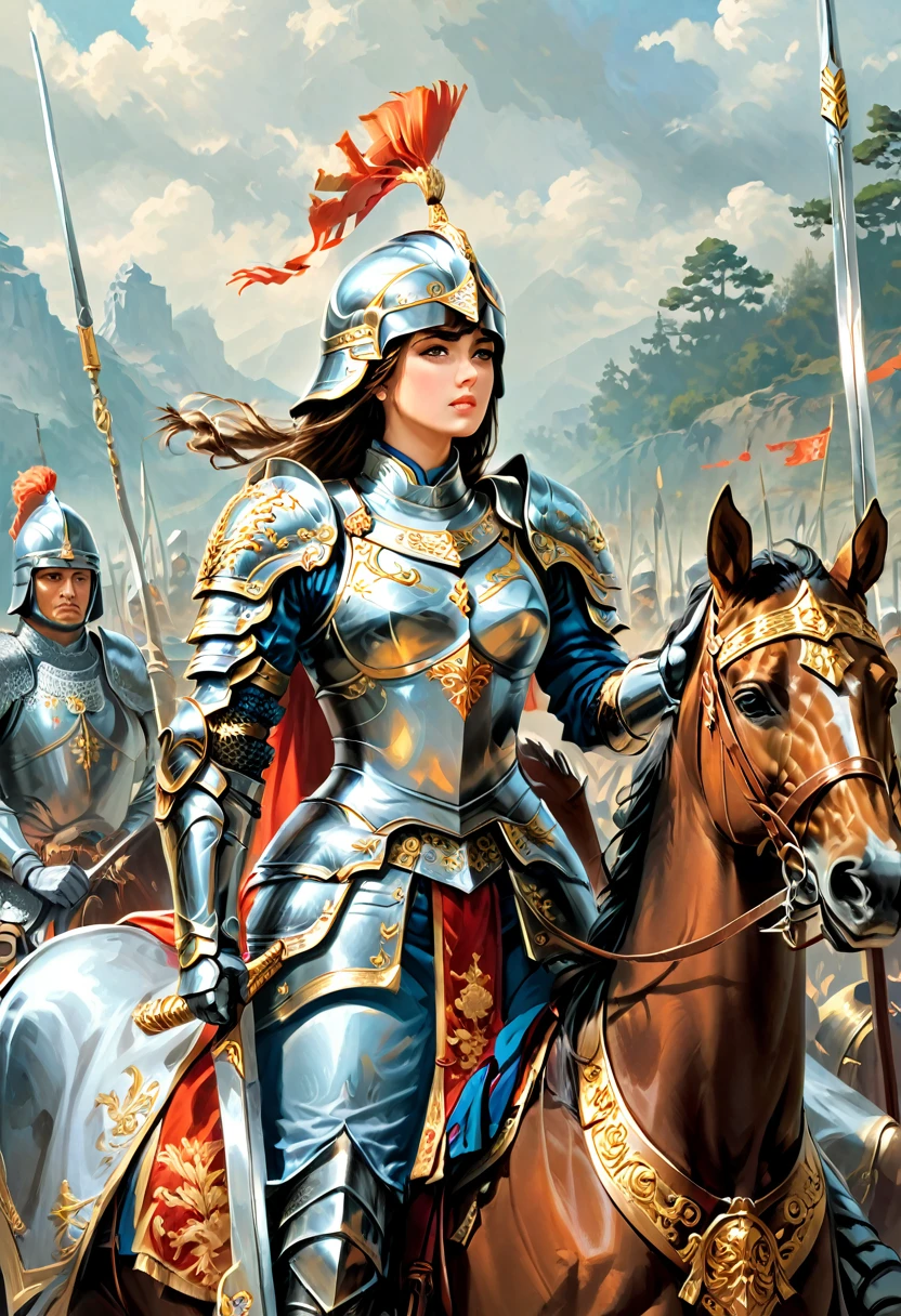 In the glorious ancient empire, a female general dressed in gorgeous battle armor and wielding a long spear was commanding thousands of troops and horses. Her wisdom and courage have earned the respect of soldiers, defending the country from foreign aggression, (masterpiece, best quality, Professional, perfect composition, very aesthetic, absurdres, ultra-detailed, intricate details:1.3)