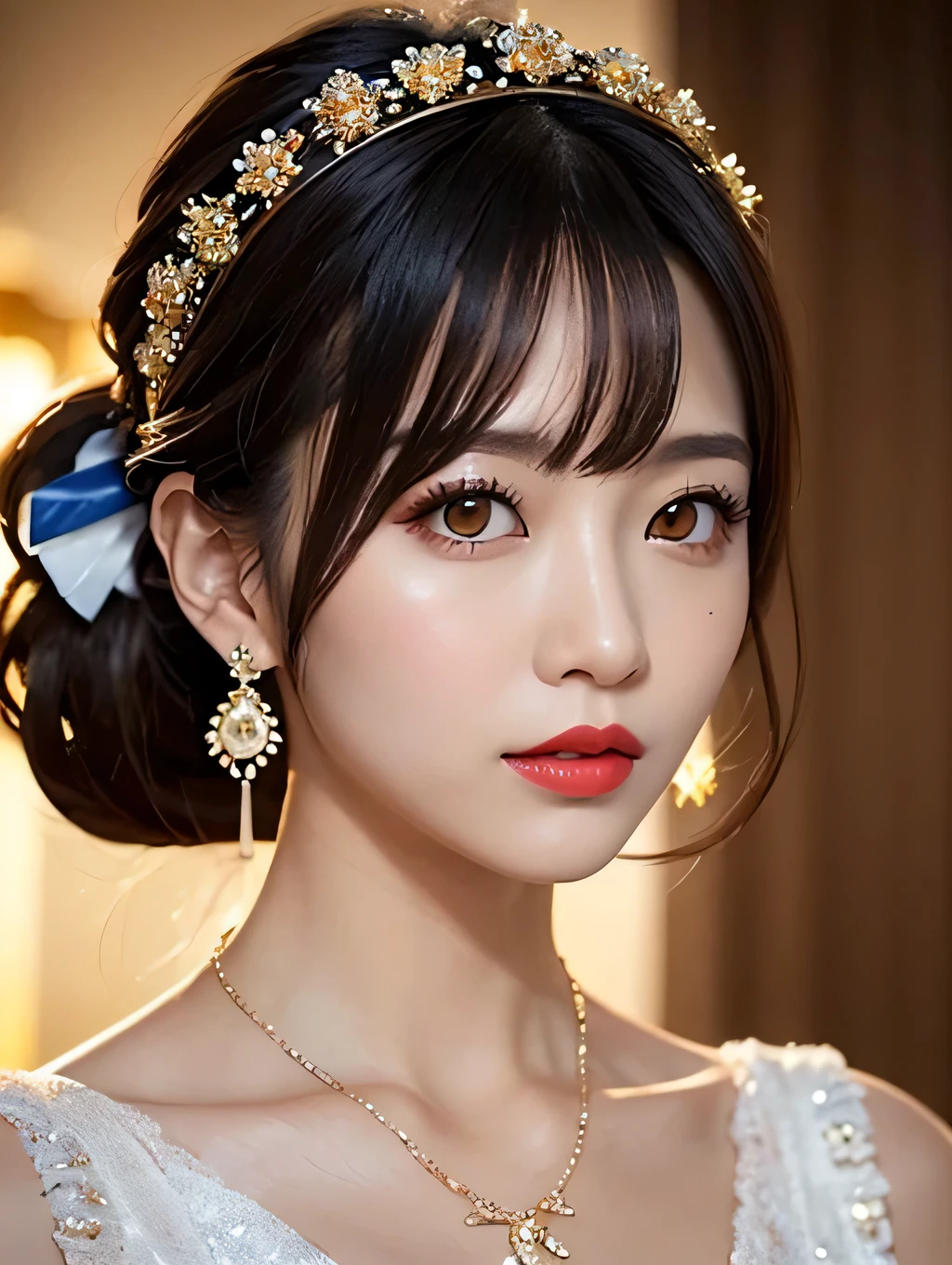 1 female, Beautiful Japanese actresses, Age 25, Large pupils, Clear double eyelids, Small face, Detailed face, Upper Body,Cute pose, Big earrings,Large Necklace, Flashy makeup using red eyeshadow,Red lipstick, Light brown delicate ponytail hair,straggling hair, the tips of the hair are wavy,Classy hairstyle, Sexy pose, Floral headdress, Drill Hair, Huge breasts, Sacred Goddess, View Viewer, indoor, Frill dress, Official Art,Highly detailed CG Unity 8k wallpaper, (masterpiece:1.0),(highest quality:1.0), photo shoot, 8k, Browsing Caution, High resolution, Kodak Portrait 400, Film Grain, Lens flare brilliance,