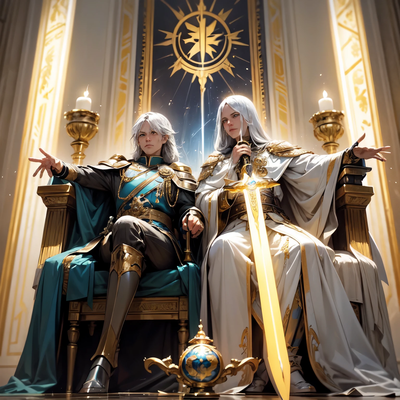 Crie uma imagem digital ultra HD de 8K de um nobre cavaleiro sagrado do rei. Ele tem cabelos castanhos escuros, curtos e bem cuidados, e olhos azuis profundos. His armor is shining silver, adorned with gold details and royal insignia. Uma capa azul real com bordados dourados desce de seus ombros. In the throne hall, o cavaleiro empunha a Espada de Zeus. The sword is made of celestial gold and emits golden rays, with divine inscriptions along the blade that shine brightly. The hilt of the sword is adorned with small rays and lightning., simbolizando seu poder supremo. Ele segura a espada com firmeza, pronto para proteger o rei e o reino, while electric sparks dance around you. The Sword of Zeus is known for its ability to control thunder and lightning, e uma aura de poder divino emana dela. The throne hall is grand, com um trono majestoso de ouro e marfim, decorado com pedras preciosas. Rich tapestries and royal flags adorn the walls. Lustres de cristal pendem do teto alto, casting a soft light upon the knight and the throne. The image should capture the grandeur and solemnity of the throne hall, highlighting the knight's interaction with the Sword of Zeus.