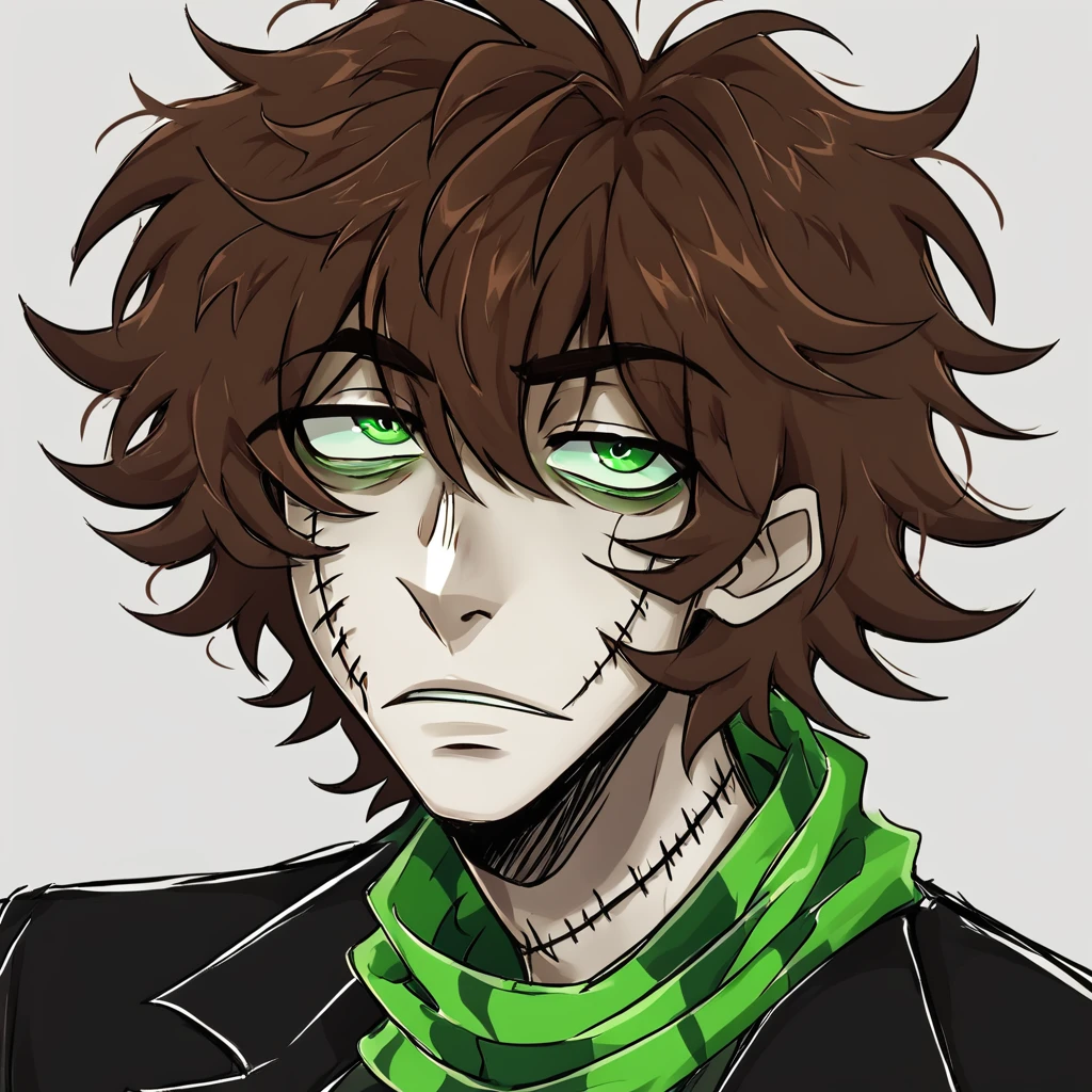 1man,mature male,  stitches, scarf,  coat, halfbody, grunge, sketchy lines, messy hair, green eyes, evil, brown hair