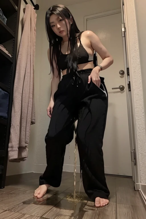 Japanese Girl sees the ghost and pees her black palazzo pants until her pants are wet in fright.