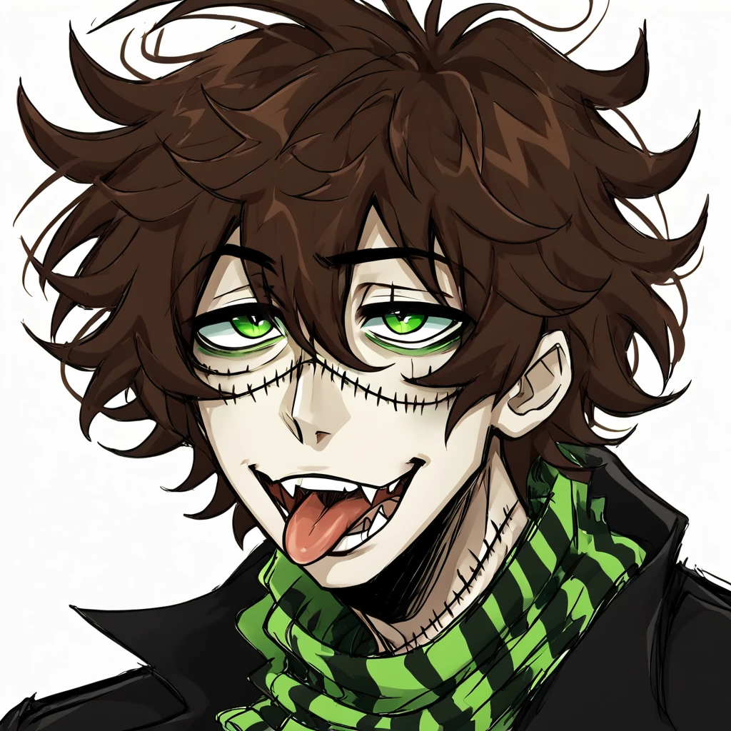 1man,mature male,  stitches, scarf,  coat, halfbody, grunge, sketchy lines, messy hair, green eyes, evil, brown hair, open mouth, tongue 