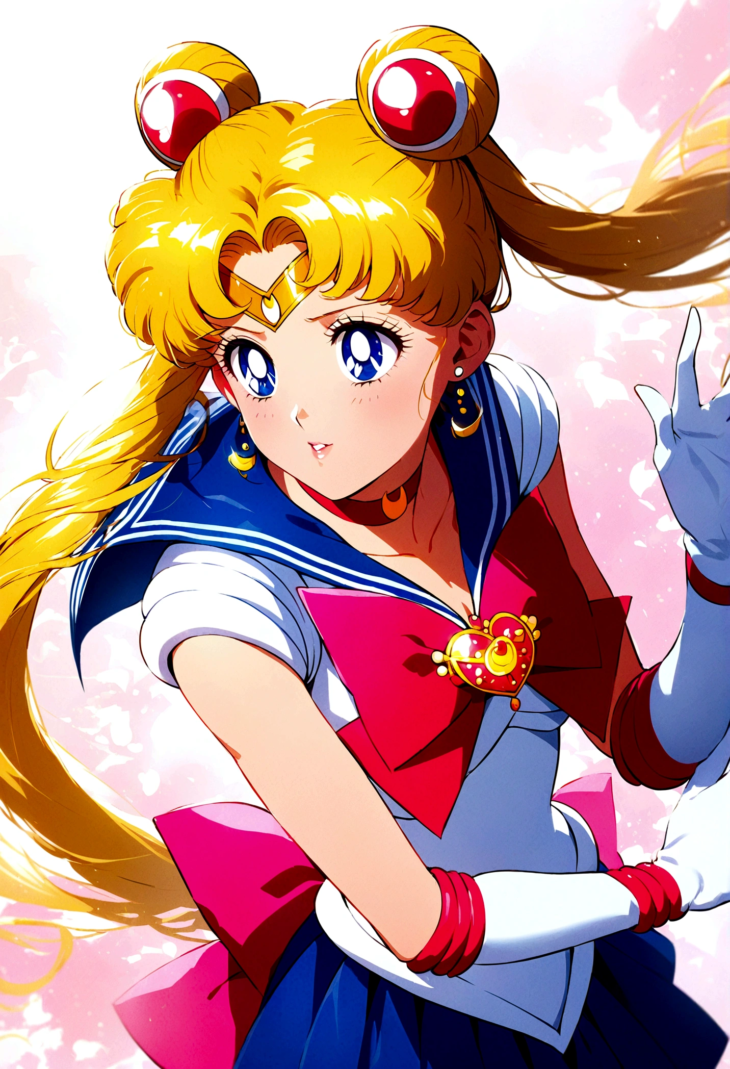 1girl, sailor moon, bishoujo senshi sailor moon, elegant detailed eyes, detailed facial features, long eyelashes, beautiful detailed lips, elegant detailed pose, highly detailed, masterpiece, 4k, hyper realistic, photorealistic, cinematic lighting, dynamic composition, intricate details, vibrant colors, soft dreamy atmosphere, magical girl fantasy, upper body shot, aausagi, long hair, double bun, twintails, parted bangs, tiara, earrings, blue eyes, red choker, blue sailor collar, red bow, white shirt, elbow gloves, white gloves, blue skirt