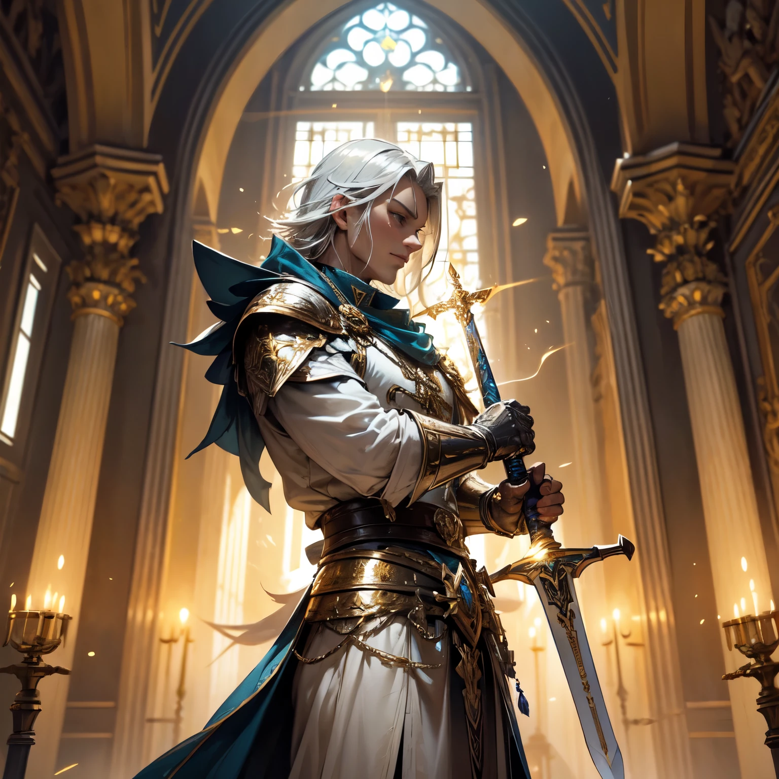 Crie uma imagem digital ultra HD de 8K de um nobre cavaleiro sagrado do rei. Ele tem cabelos castanhos escuros, curtos e bem cuidados, e olhos azuis profundos. His armor is shining silver, adorned with gold details and royal insignia. Uma capa azul real com bordados dourados desce de seus ombros. Nos corredores do castelo, o cavaleiro empunha a Espada de Zeus. The sword is made of celestial gold and emits golden rays, with divine inscriptions along the blade that shine brightly. The hilt of the sword is adorned with small rays and lightning., simbolizando seu poder supremo. Ele segura a espada em uma pose de guarda, pronto para proteger o castelo, while electric sparks dance around you. The Sword of Zeus is known for its ability to control thunder and lightning, e uma aura de poder divino emana dela. The corridors are wide and lit by torches fixed to the stone walls.. Tapestries depicting legendary battles and ancient heroes adorn the halls. Gothic arches span the entire length, criando um caminho majestoso. The image should capture the nobility and history of the castle halls, highlighting the knight's interaction with the Sword of Zeus.
