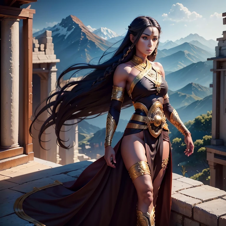 a muscular brown skin monk lady long black hair in a braid, wearing a dark brown tunic golden accents, bandages in hands and legs, temple mountains background