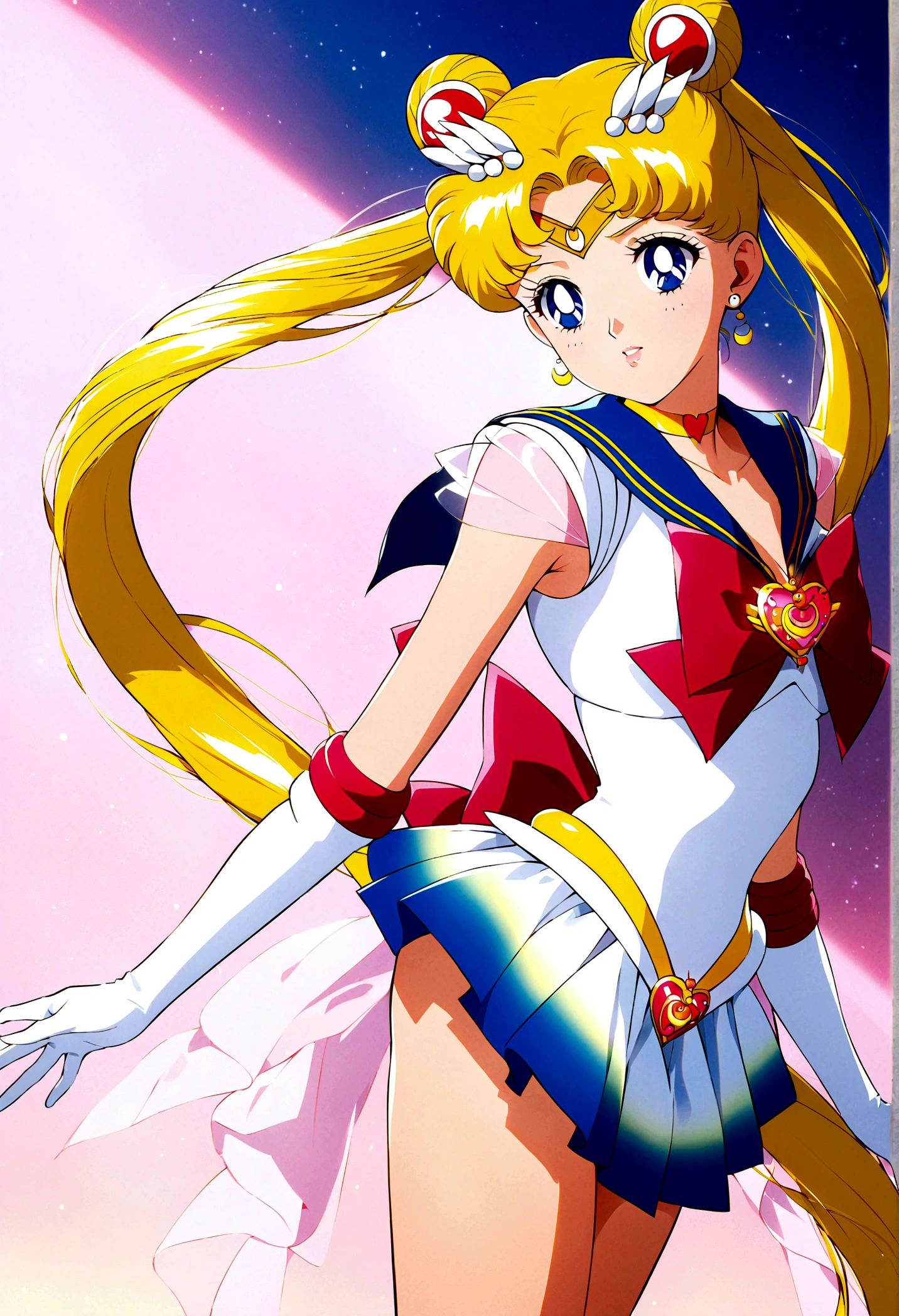 1girl, sailor moon, bishoujo senshi sailor moon, elegant detailed eyes, detailed facial features, long eyelashes, beautiful detailed lips, elegant detailed pose, highly detailed, masterpiece, 4k, hyper realistic, photorealistic, cinematic lighting, dynamic composition, intricate details, vibrant colors, soft dreamy atmosphere, magical girl fantasy, full body shot, aausagi, long hair, double bun, twintails, hair ornament, parted bangs, tiara, earrings, blue eyes, heart choker, blue sailor collar, red bow, white shirt, see-through, elbow gloves, white gloves, multicolored skirt, white skirt