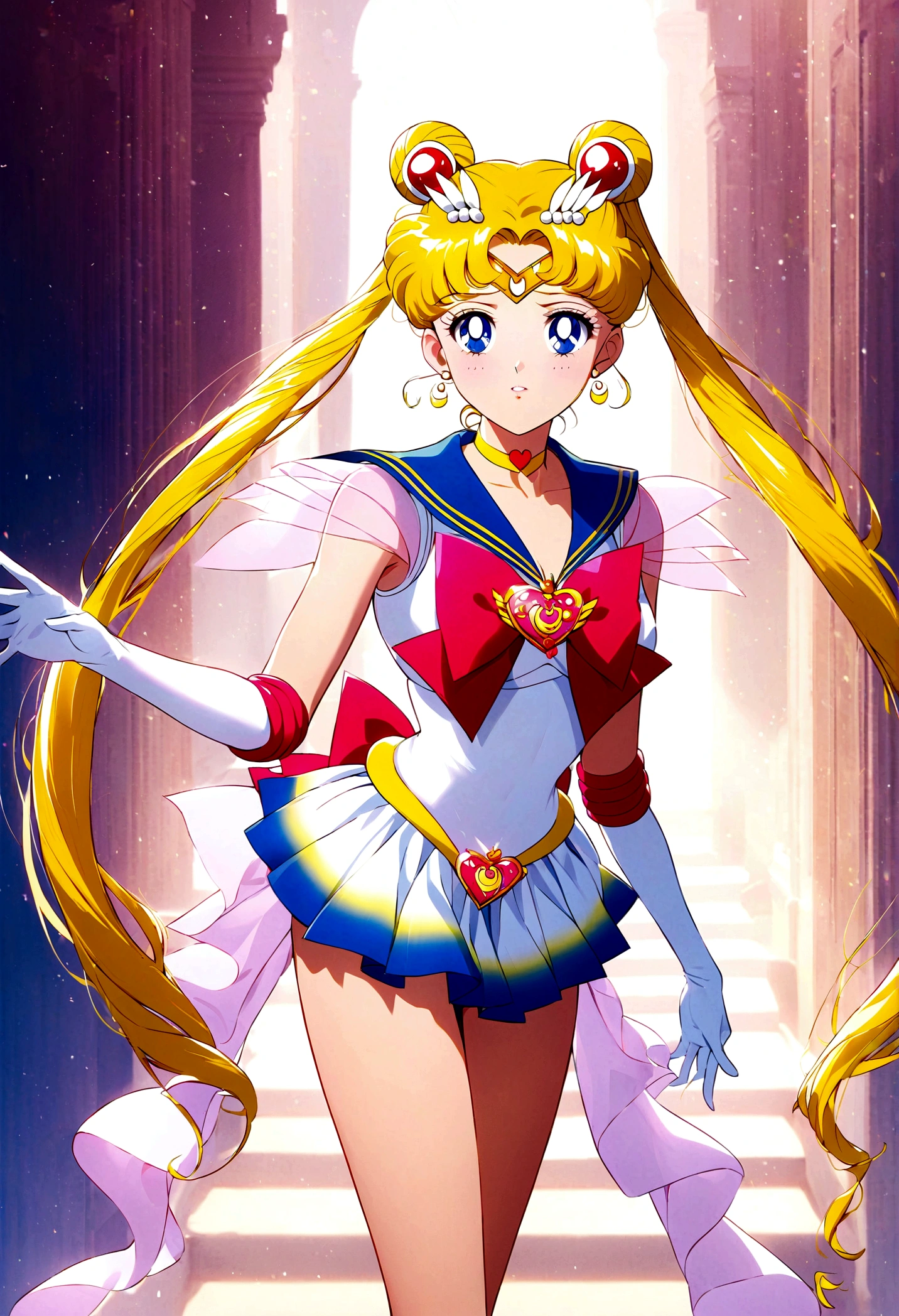 1girl, sailor moon, bishoujo senshi sailor moon, elegant detailed eyes, detailed facial features, long eyelashes, beautiful detailed lips, elegant detailed pose, highly detailed, masterpiece, 4k, hyper realistic, photorealistic, cinematic lighting, dynamic composition, intricate details, vibrant colors, soft dreamy atmosphere, magical girl fantasy, full body shot, aausagi, long hair, double bun, twintails, hair ornament, parted bangs, tiara, earrings, blue eyes, heart choker, blue sailor collar, red bow, white shirt, see-through, elbow gloves, white gloves, multicolored skirt, white skirt