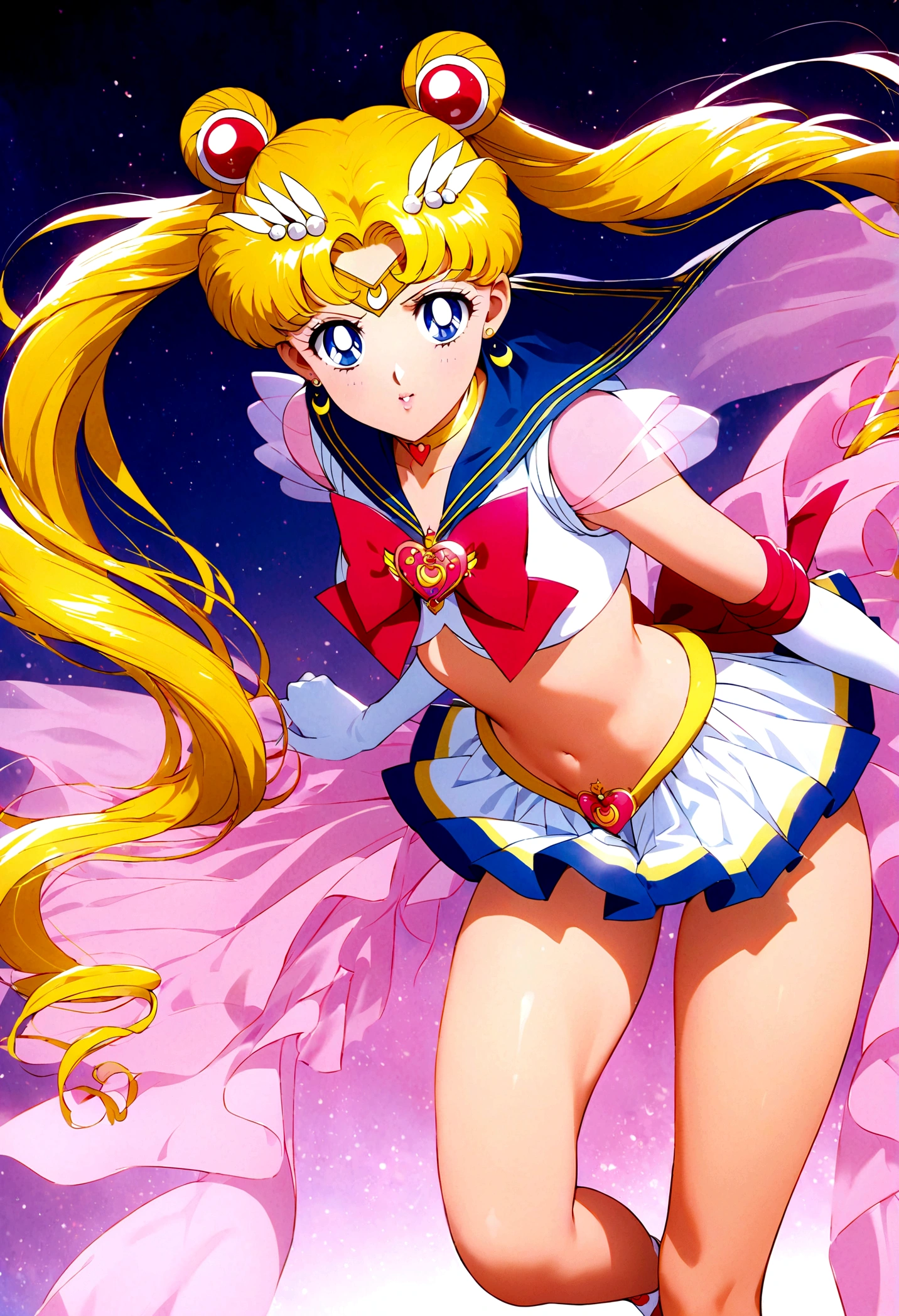 1girl, sailor moon, bishoujo senshi sailor moon, elegant detailed eyes, detailed facial features, long eyelashes, beautiful detailed lips, elegant detailed pose, highly detailed, masterpiece, 4k, hyper realistic, photorealistic, cinematic lighting, dynamic composition, intricate details, vibrant colors, soft dreamy atmosphere, magical girl fantasy, full body shot, aausagi, long hair, double bun, twintails, hair ornament, parted bangs, tiara, earrings, blue eyes, heart choker, blue sailor collar, red bow, white shirt, see-through, elbow gloves, white gloves, multicolored skirt, white skirt