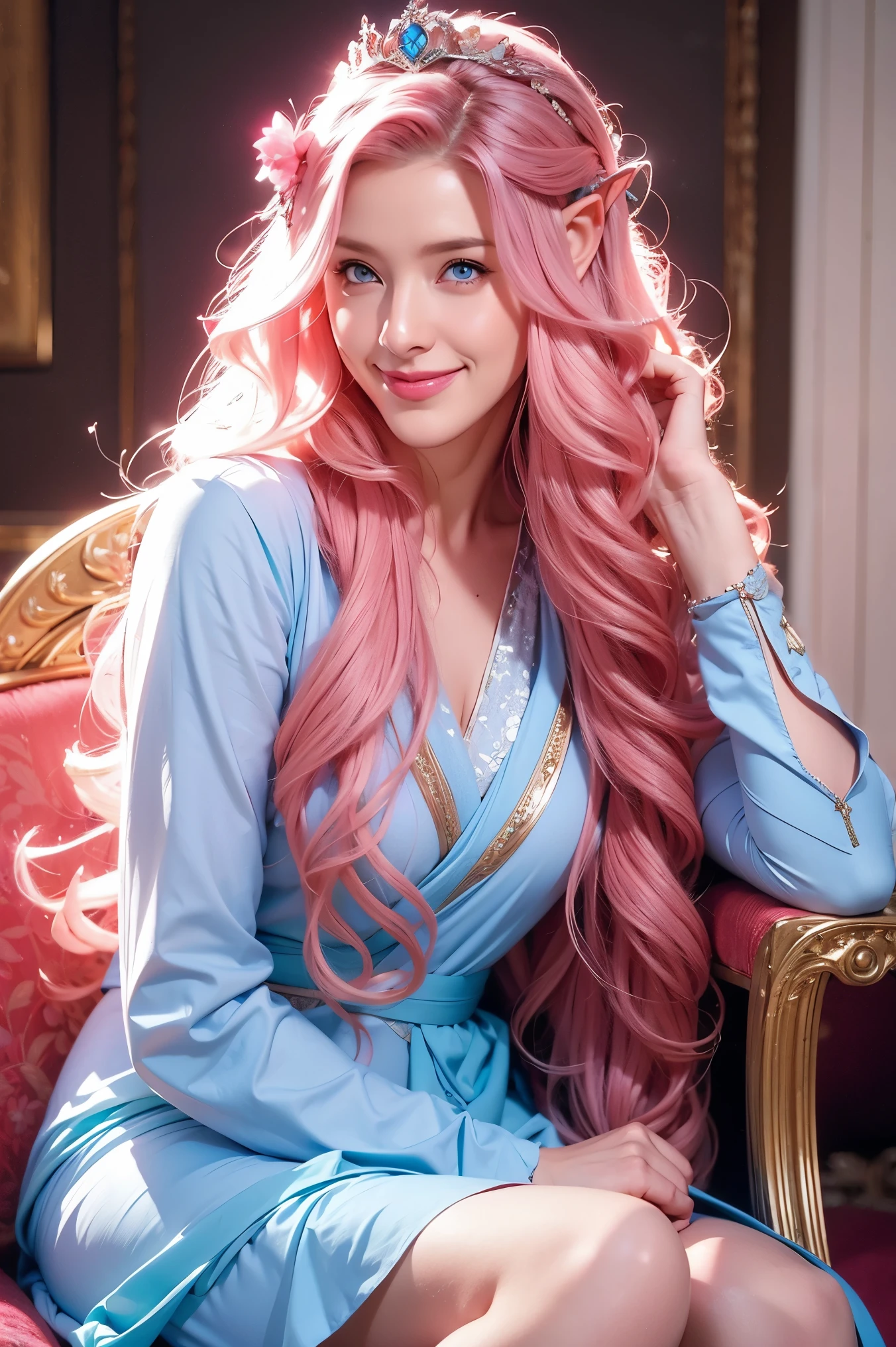 Woman, long wavy hair, pink hair, blue eyes, elf, crown, sitting on chair, smile 