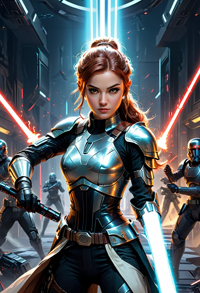 In the world of virtual reality, a female warrior holding a lightsaber is fighting against a virtual enemy. She utilizes high-tech equipment to experience the thrill of combat beyond reality, exploring new forms of future warfare