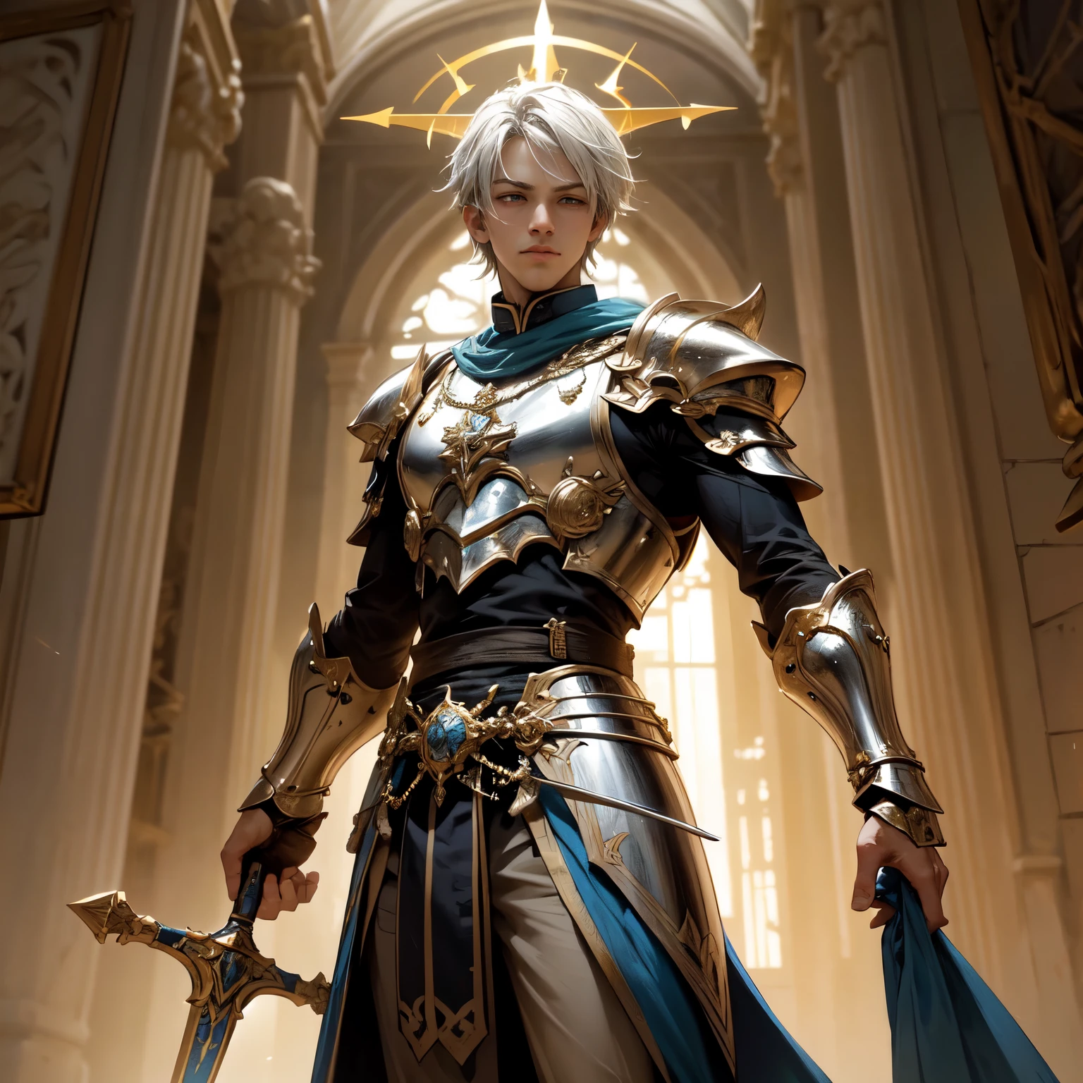 Crie uma imagem digital ultra HD de 8K de um nobre cavaleiro sagrado do rei. Ele tem cabelos castanhos escuros, curtos e bem cuidados, e olhos azuis profundos. His armor is shining silver, adorned with gold details and royal insignia. Uma capa azul real com bordados dourados desce de seus ombros. Nos corredores do castelo, o cavaleiro empunha a Espada de Zeus. The sword is made of celestial gold and emits golden rays, with divine inscriptions along the blade that shine brightly. The hilt of the sword is adorned with small rays and lightning., simbolizando seu poder supremo. Ele segura a espada em uma pose de guarda, pronto para proteger o castelo, while electric sparks dance around you. The Sword of Zeus is known for its ability to control thunder and lightning, e uma aura de poder divino emana dela. The corridors are wide and lit by torches fixed to the stone walls.. Tapestries depicting legendary battles and ancient heroes adorn the halls. Gothic arches span the entire length, criando um caminho majestoso. The image should capture the nobility and history of the castle halls, highlighting the knight&#39;s interaction with the Sword of Zeus.