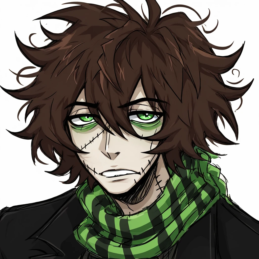 1man,mature male,  stitches, scarf,  coat, halfbody, grunge, sketchy lines, messy hair, green eyes, evil, brown hair