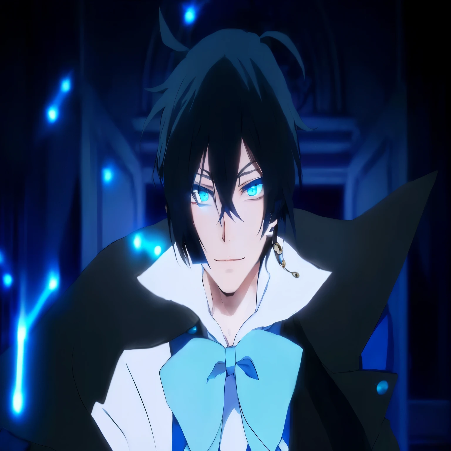 anime character with blue eyes and black hair in a dark room, tall anime guy with blue eyes, inspired by Okumura Masanobu, inspired by Okumura Togyu, it has a piercing gaze, male anime character, tsuaii, with glowing blue lights, today's featured anime still, beautiful androgynous prince, black - haired mage