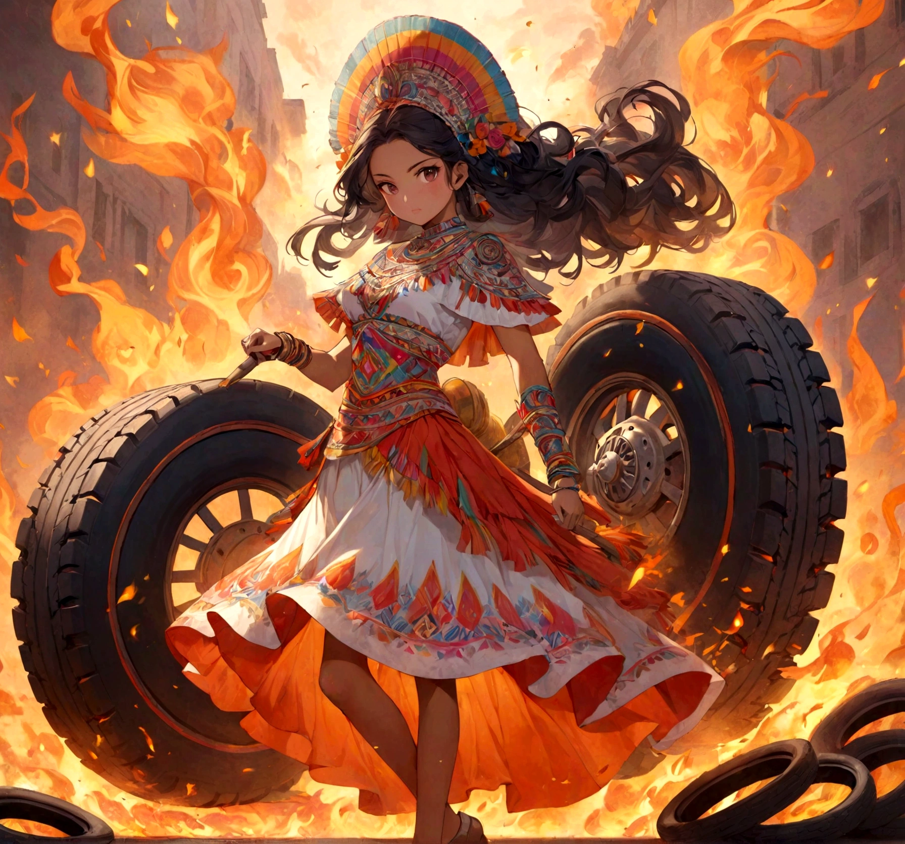 beautiful mexican lady, warrior, tires in fire in the background