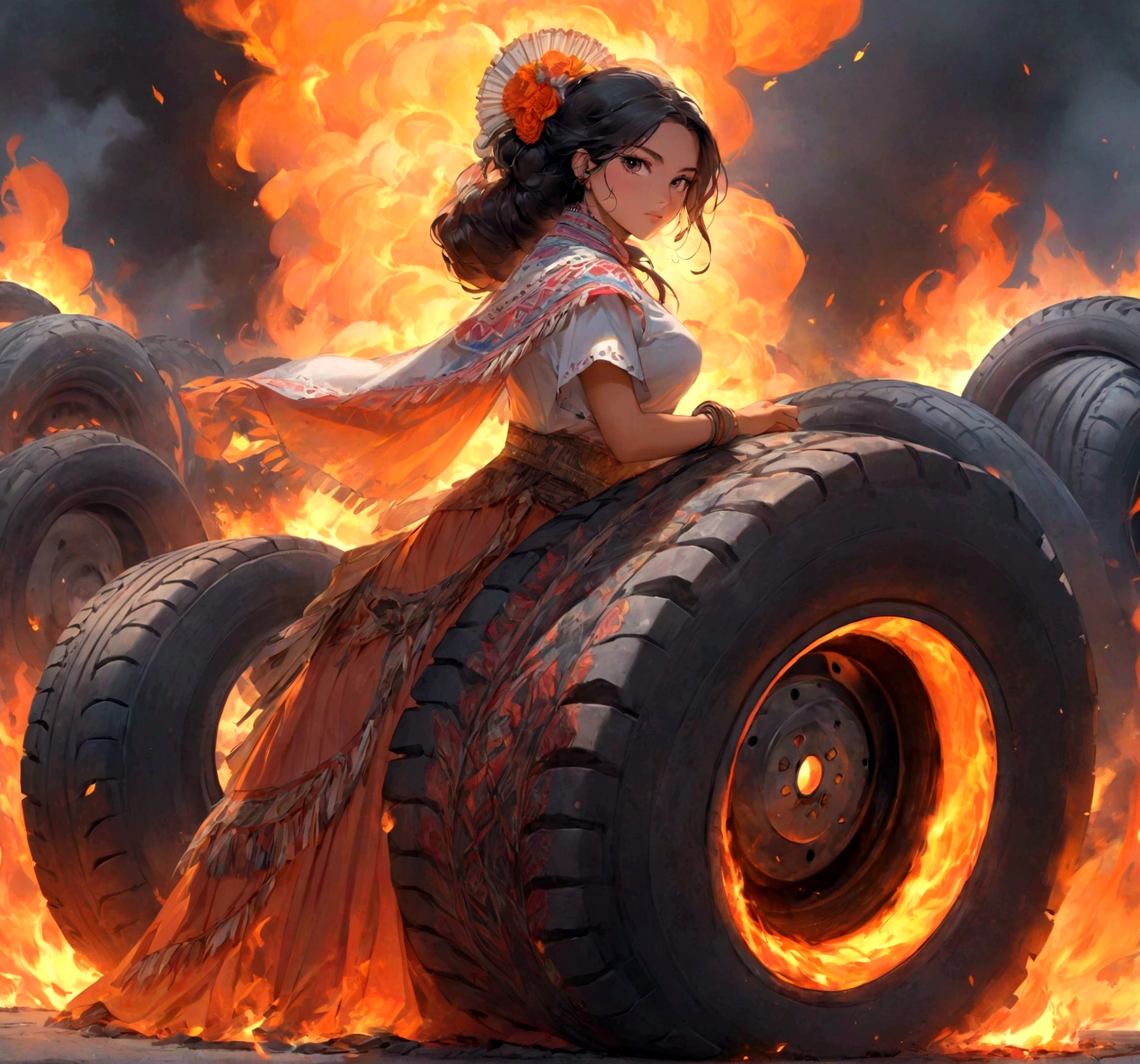 beautiful mexican lady, warrior, tires in fire in the background