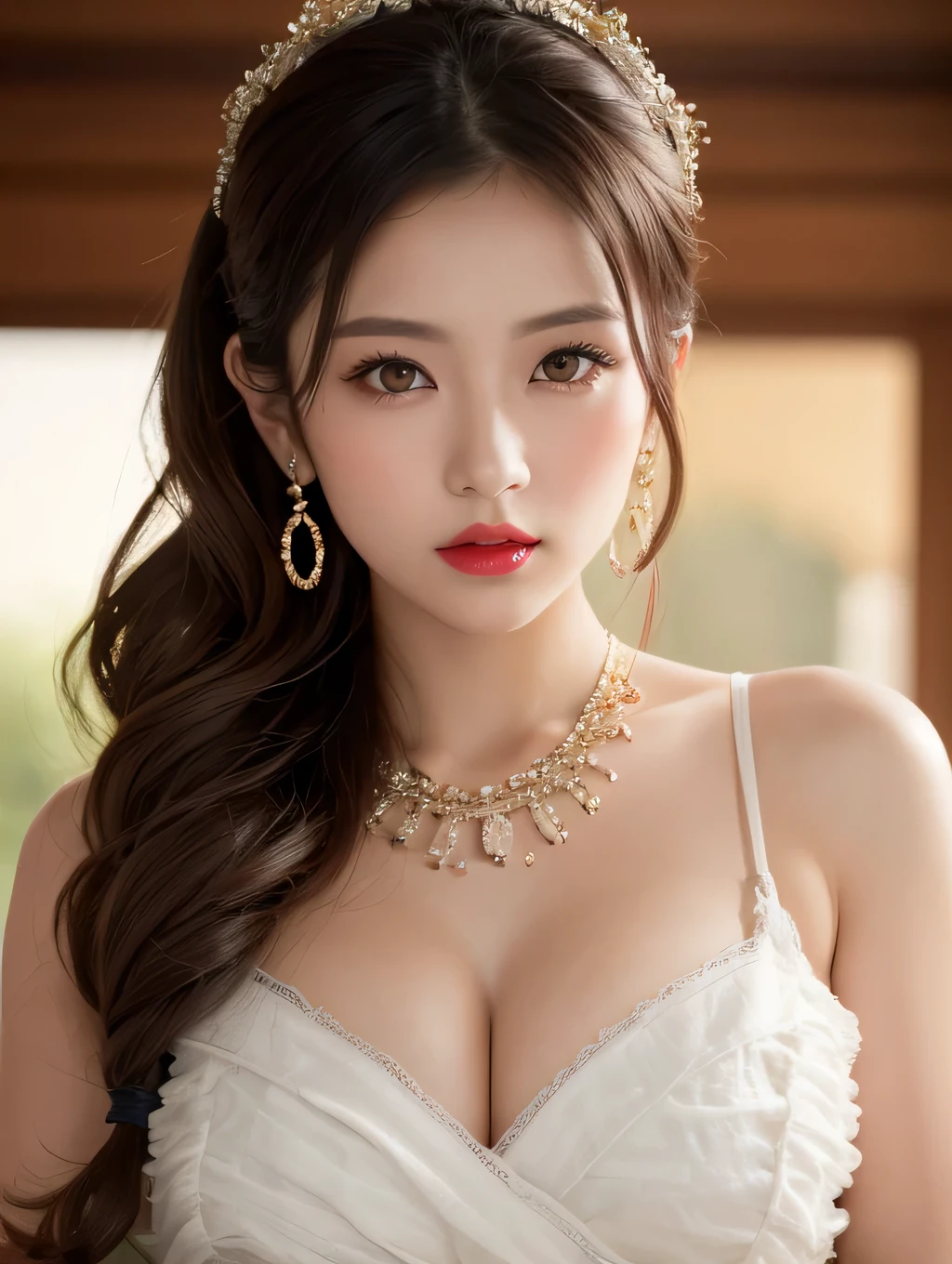 1 female, Beautiful Japanese actresses, Age 25, Large pupils, Clear double eyelids, Small face, Detailed face, Upper Body,Cute pose, Big earrings，Large Necklace, Flashy makeup using red eyeshadow，Red lipstick, Light brown delicate ponytail hair，straggling hair, the tips of the hair are wavy，Classy hairstyle, Sexy pose, Floral headdress, Drill Hair, Huge breasts, Sacred Goddess, View Viewer, indoor, Frill dress, Official Art，Highly detailed CG Unity 8k wallpaper, (masterpiece:1.0),(highest quality:1.0), photo shoot, 8k, Browsing Caution, High resolution, Kodak Portrait 400, Film Grain, Lens flare brilliance,