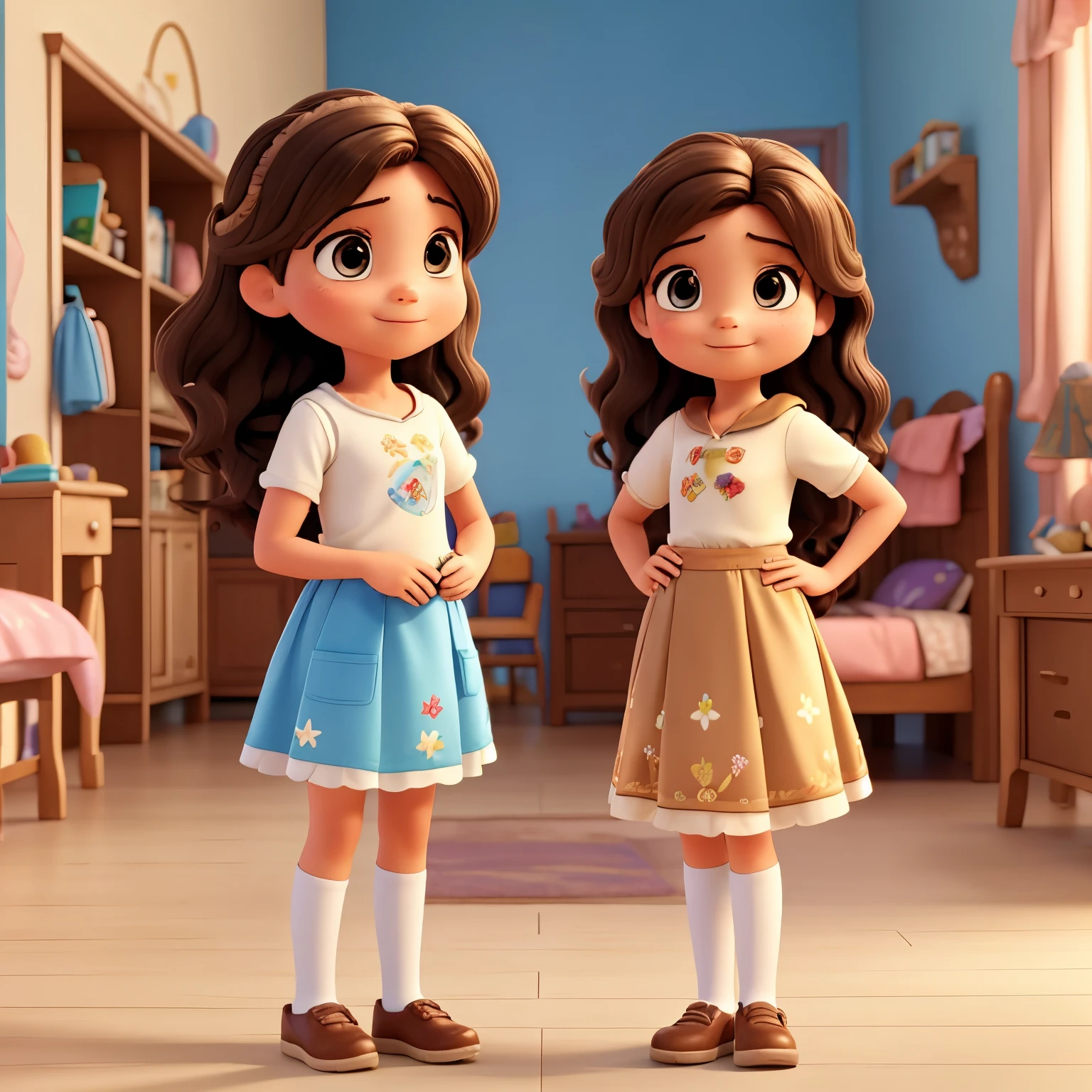 raise two twin girls, no estilo disney pixar, latina, white with medium wavy light brown hair, brincando ao ar livre