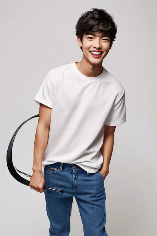 solo, open mouth, simple background, shirt, black hair, 1boy, white background, male focus, shoes, teeth, pants, mole, jeans, realistic, pen, pencil, scissors, what