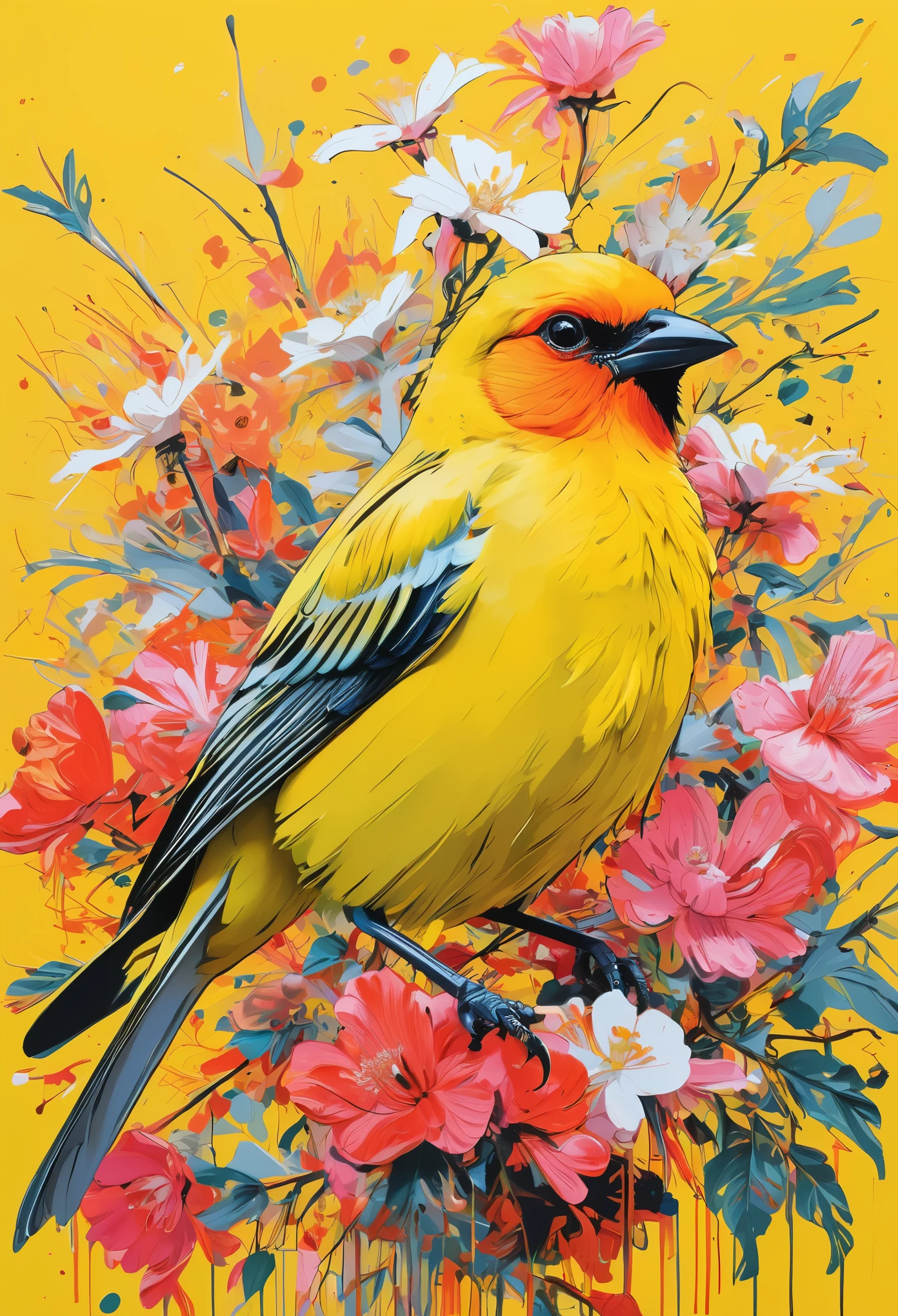 Graffiti, scribble, Comics by Petra Cortright, best quality, masterpiece, yellow bird artwork, Representative work, official art, Professional, Ultra intricate detailed, 8k, yellow bird art, colourful background