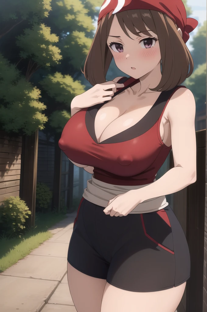 (masterpiece, best quality:1.2), 1girl, solo, red shirt, beautifull face, red bandana, brown hair, black sport shorts, white skirt, cowboy shot, forest, pathway,(blush),(cleavage),nipples,show ,(wide thighs:1.2)