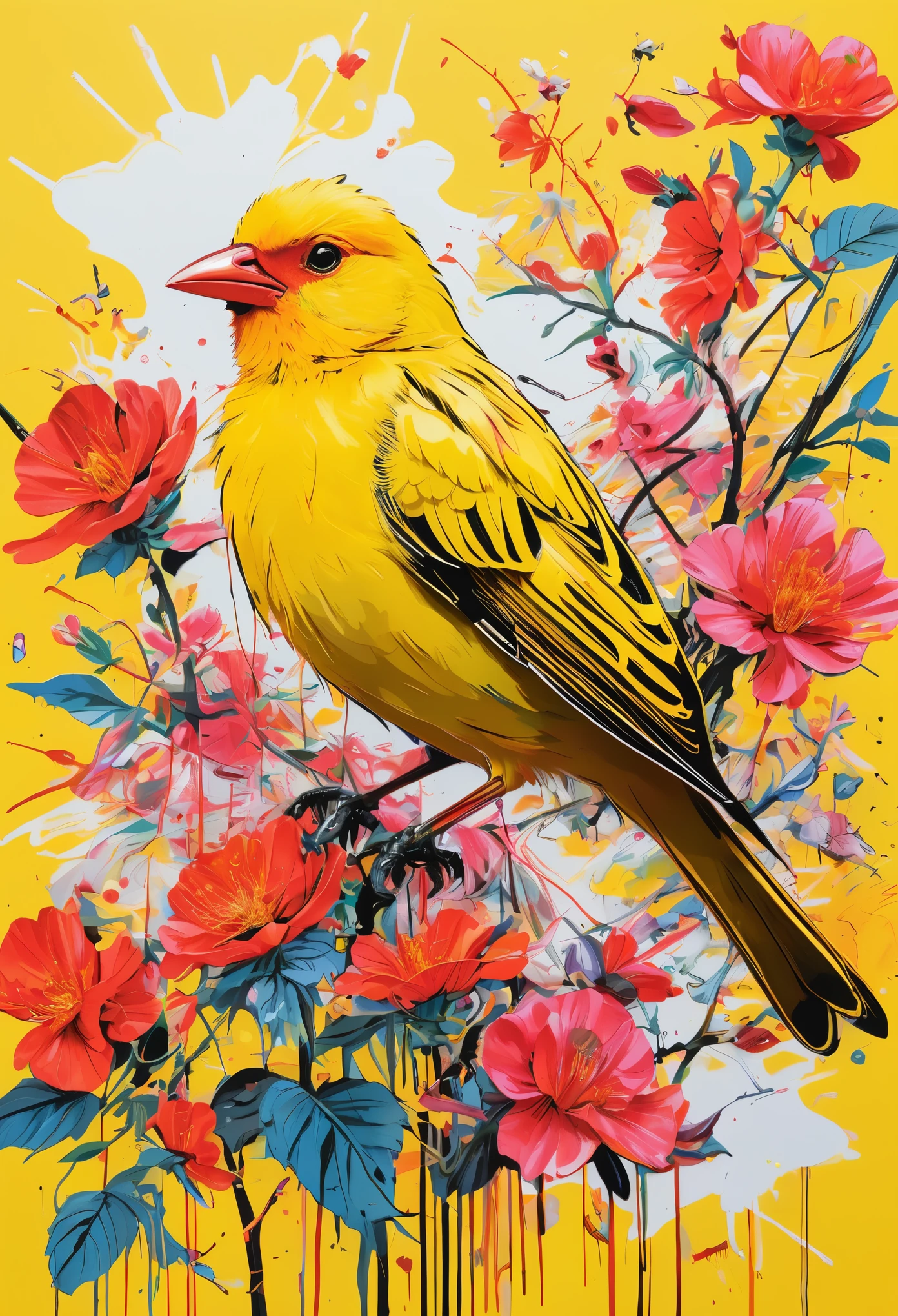 Graffiti, scribble, Comics by Petra Cortright, best quality, masterpiece, yellow bird artwork, Representative work, official art, Professional, Ultra intricate detailed, 8k, yellow bird art, colourful background 