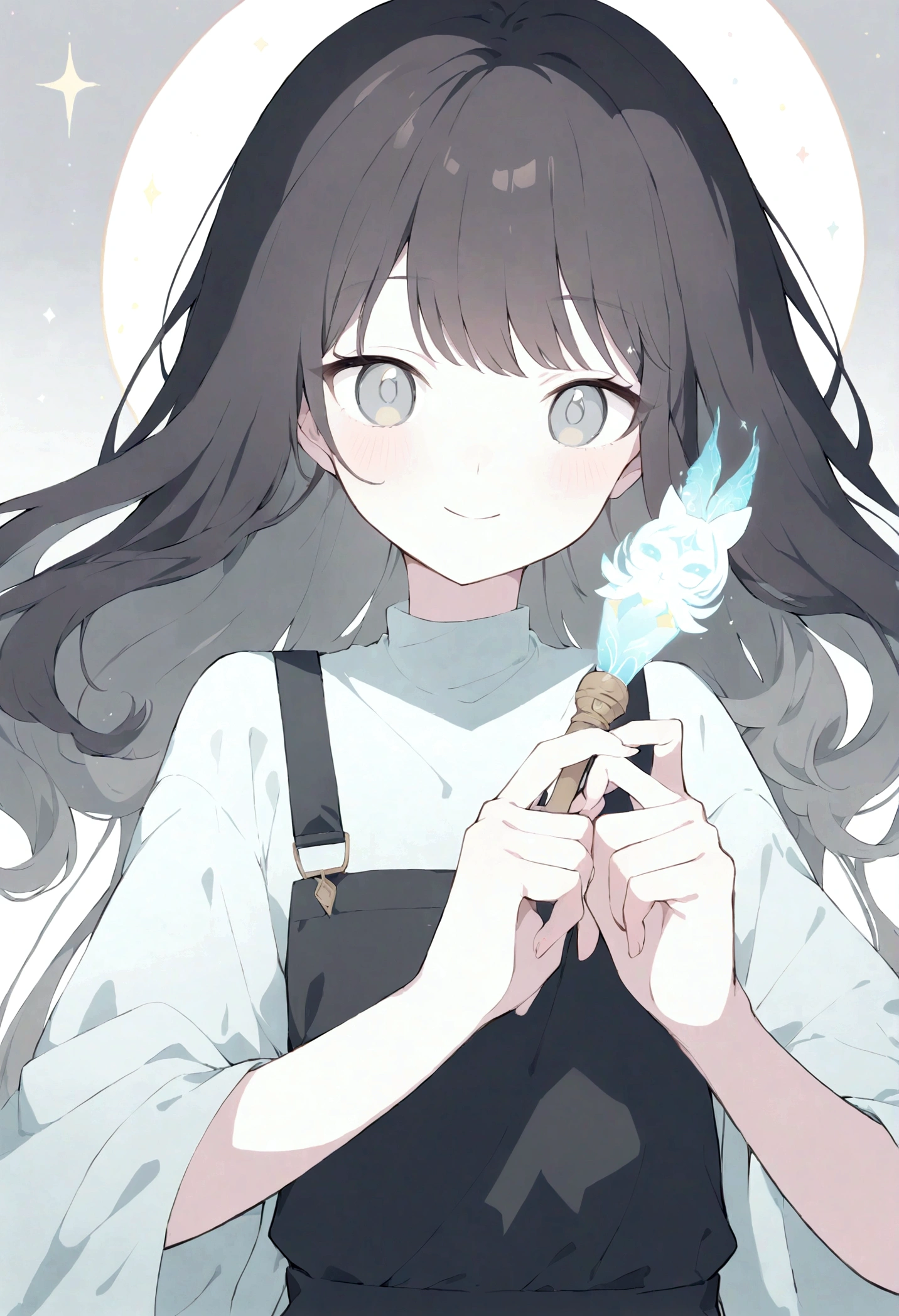 A character with long, wavy, dark hair. The character has a calm facial expression with a slight smile and prominent, large eyes drawn simply. The character is holding a mystical object between their fingers, with detailed and delicate hands. The object emits pastel colors such as blue, pink, and yellow. The overall color palette is in black, white, and gray tones, with pastel colors and soft shades. The shading is light and finely drawn, supported by flowing lines throughout the drawing. There are light sparkles and a magical aura effect around the object. The style features organic lines, natural imperfections, and details that look handmade, as if drawn with pencil or ink. Make it animateable and add KORA sign
