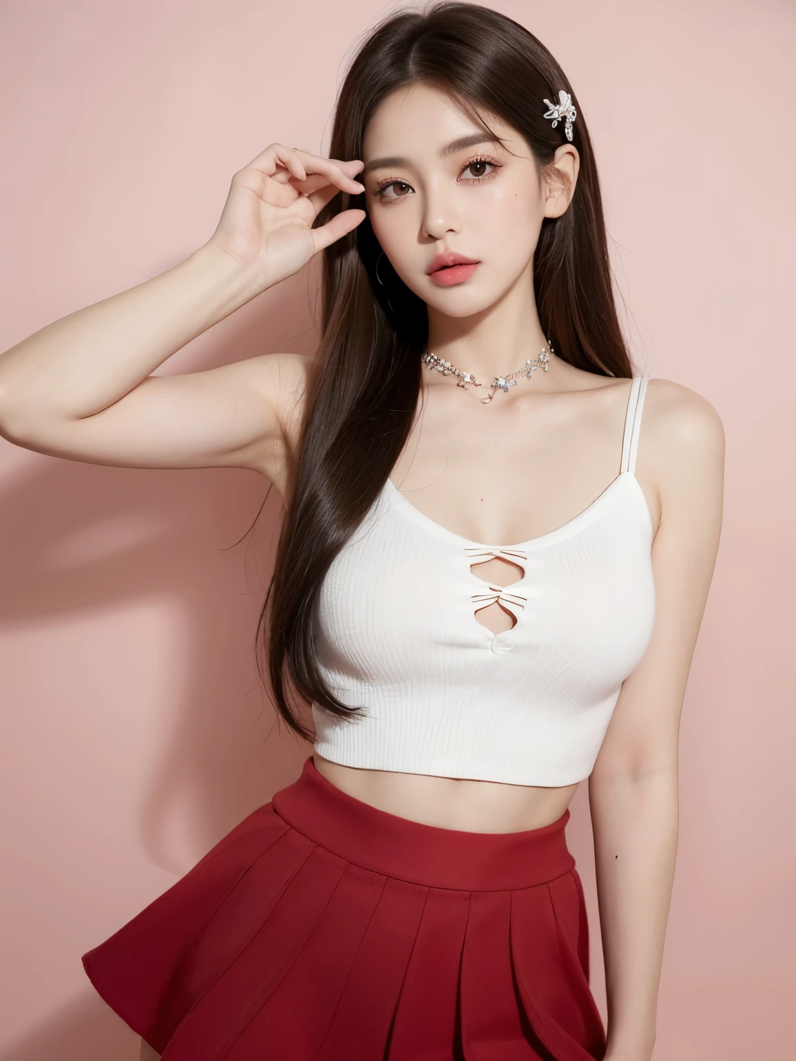 Kim Jennie with white brown hair, con rulos en las puntas, with two bows on each side of the hair, all her hair white brown, with a star clip in her white brown hair, ojos de color claro, ojos bonitos, ojos llorosos, nariz bonita y respingada, nariz lloroso, labios bonitos, labios rosas, heart and cupid shaped lip, piel bonita, pale, piel blanca, con lunares y pecas en todo el rostro, rubor rosa suave en las mejilla, rubor rosa natural, maquillaje suave y rosa, jennie, cuello bonito, cuello marcado, frown, mirada tierna, con un collar de beso, un collar bonito de beso, parecido a Yumeko Jabami, mientras lleva puesto un Crochet YK2, de lana, with a YK2 style brown mini skirt, mientras lleva una casaca con estampados de ositos, mientras tiene el abdomen desnudo, delgado, marcado y bonito, (pechos grandes, pechos suaves, pechos bonitos), mientras esta haciendo cospaly del personaje Yumeko Jabami, del anime Kakegurui, mirando a la camara