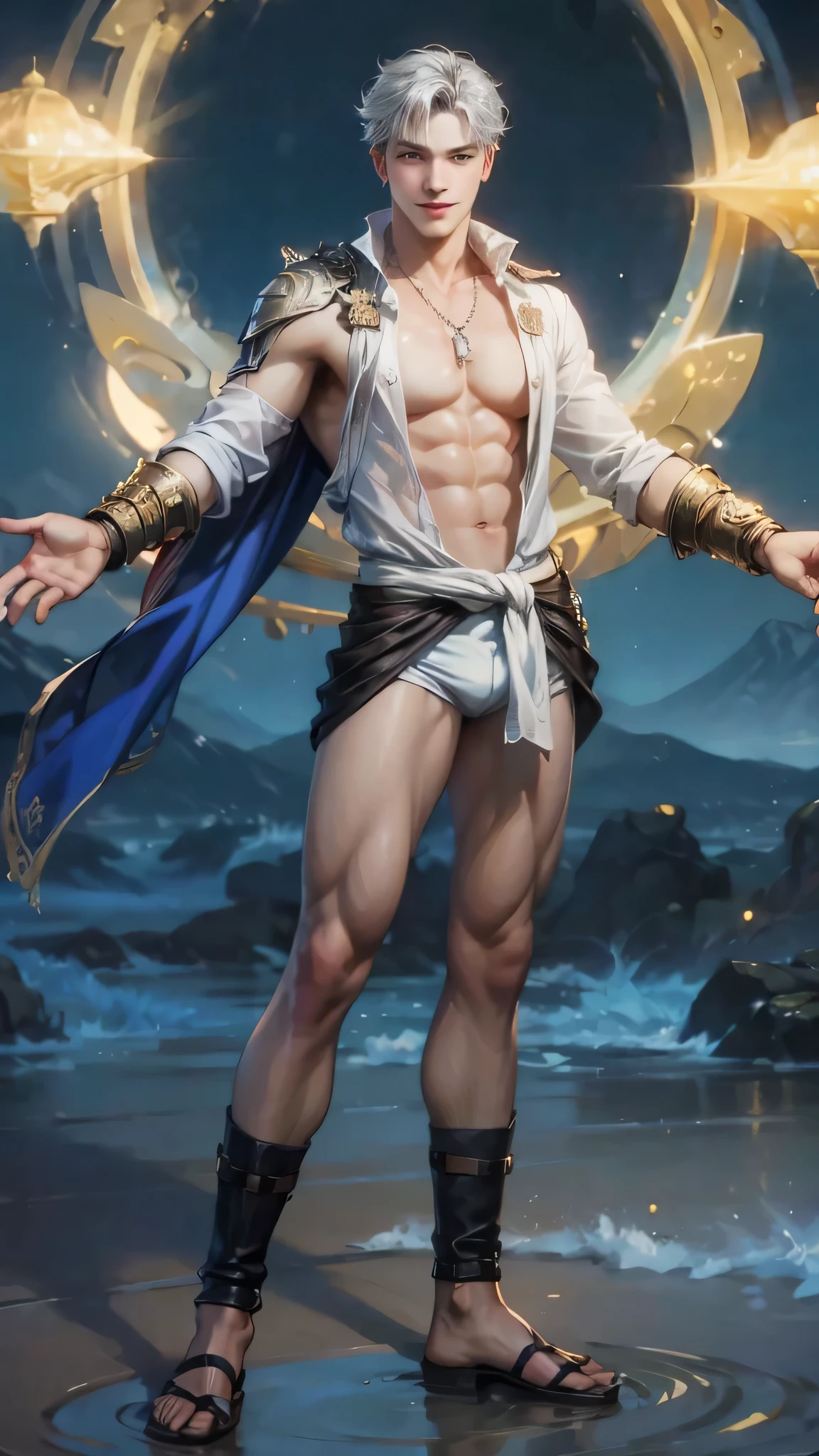Portrait of the highest quality - 1 boy., 17 years, age, character from Final Fantasy XII, grey hair color, short hair, with green eyes, big eyes, town, Solo-focal facial treatment for teens, shirtless , Beautiful, smiling, dynamic pose, detailed and correct facial structure, perfect face, extremely detailed, Dynamic angle, cowboy shot, The Most Beautiful Shape, elegant, Bright colors, romanticism, atmospheric. Bright, contrasting colors ! photo portrait of a handsome boy in the highest quality